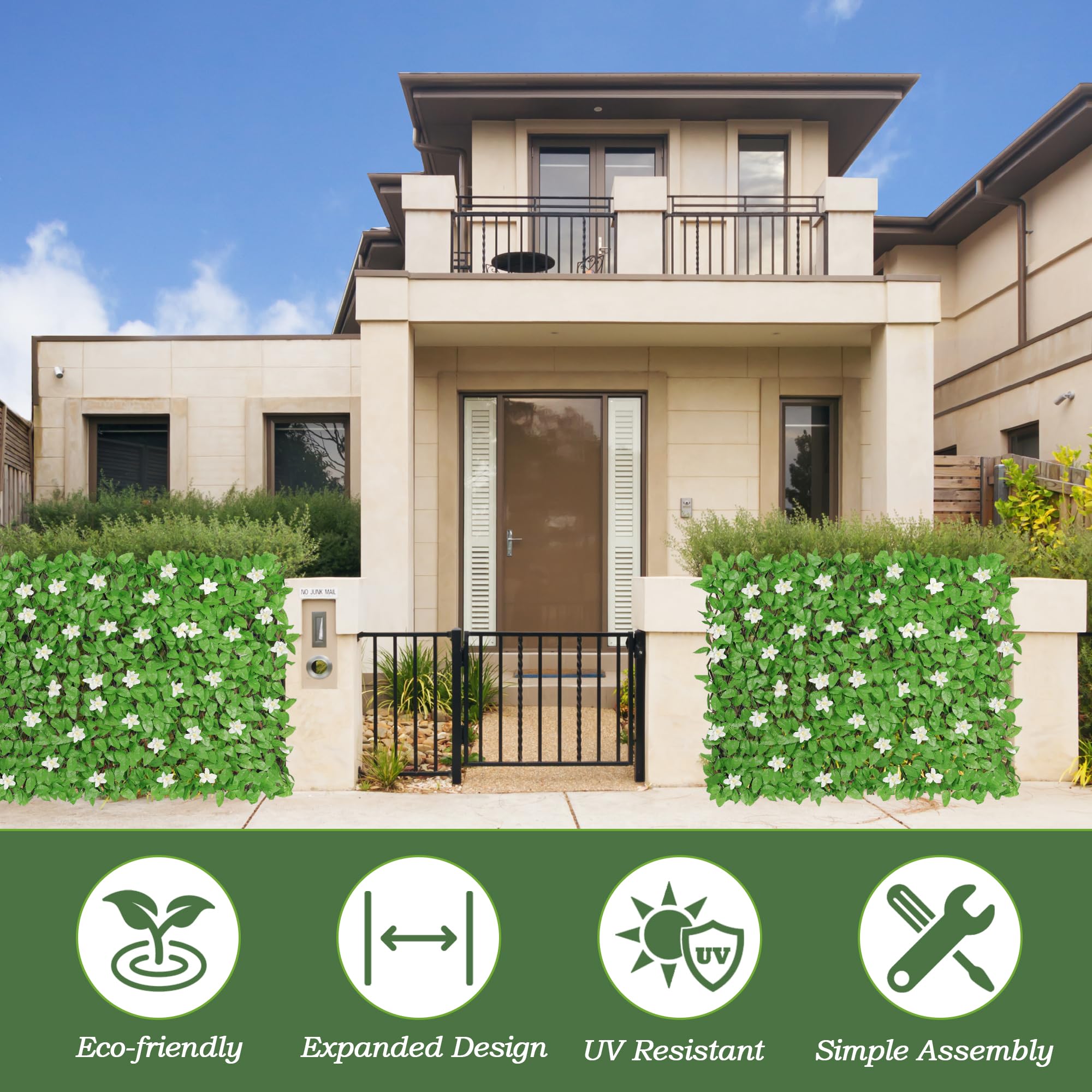4 Pack Expandable Fence Privacy Screen - Decorative Artificial Ivy Greenery Fencing Panel for Balcony, Patio & Outdoor Spaces - UV Resistant Faux Hedges with White Flowers (Single Sided Leaves) - Perfect for Backyard Privacy, Deck Screening & Garden Decor