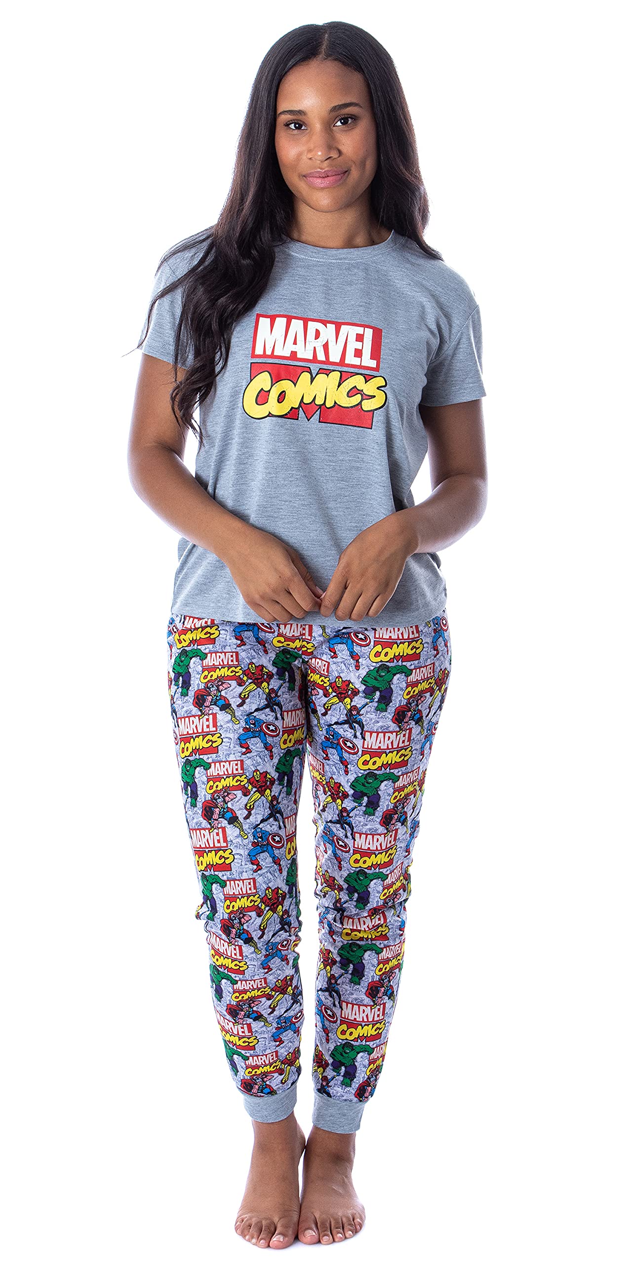 Marvel Women's Superhero Pajama Set - 2-Piece Jogger Pants & Top with Comic Book Prints | Perfect for Sleepovers, Movie Nights & Superhero Fans