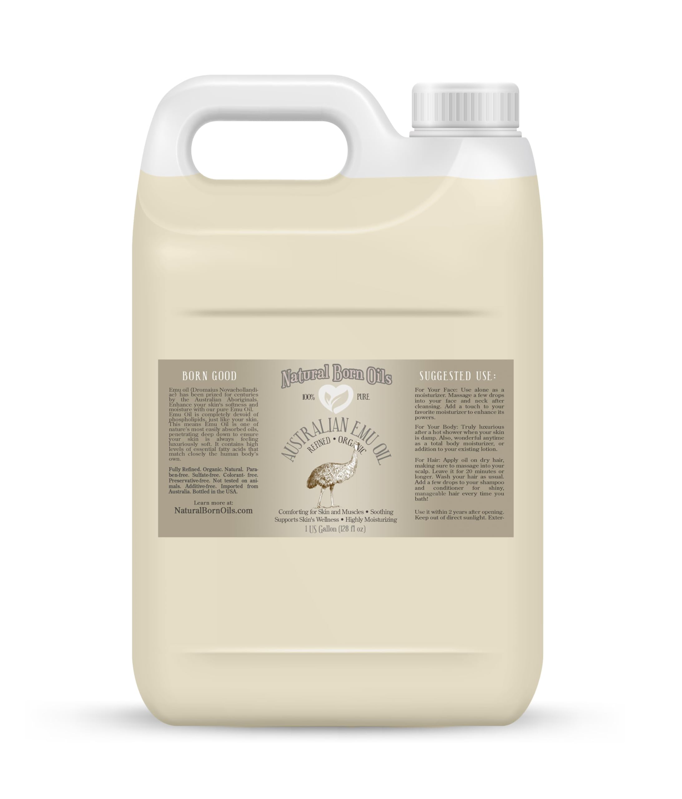 Organic Australian Emu Oil - 1 Gallon, Fully Refined, Nutrient-Rich | Intense Skin Moisturizer & Hair Strengthener | For Dry Skin Care, Scalp Treatment & Massage Therapy