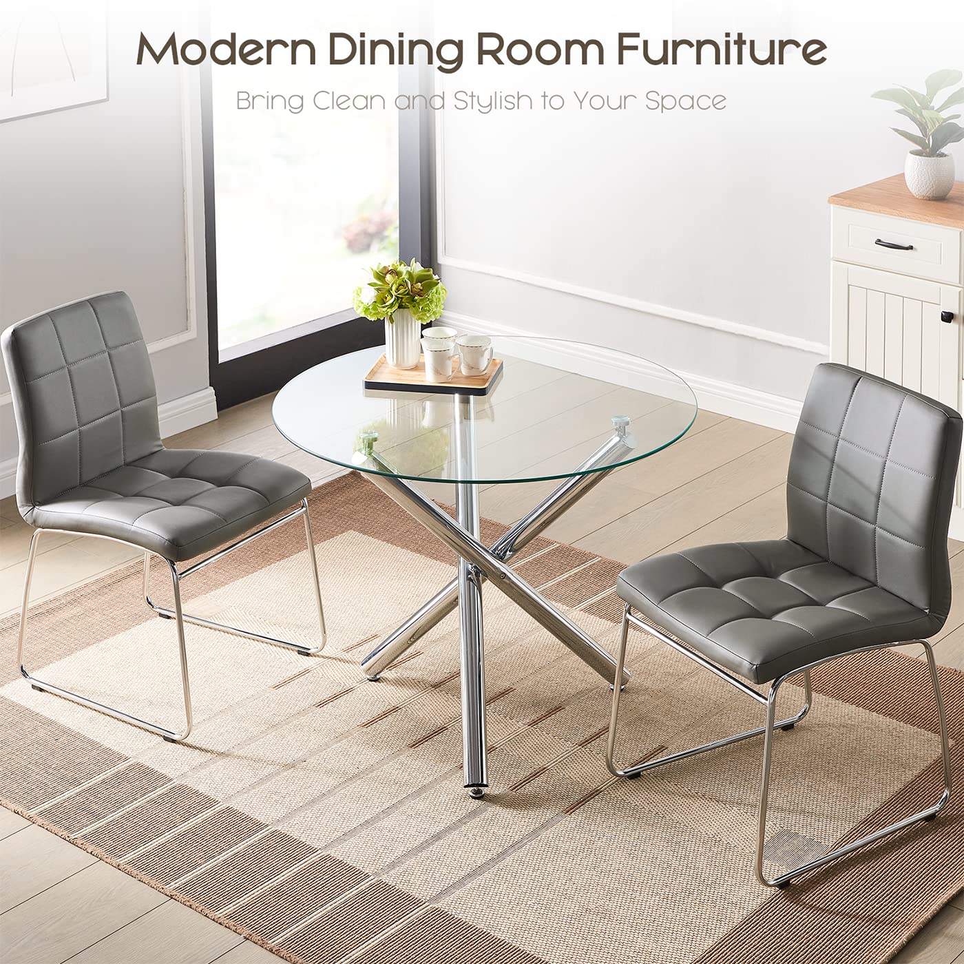 Modern Grey Faux Leather Dining Chairs Set of 2 - Comfortable Kitchen & Dining Room Chairs with Chrome Legs - Perfect for Home, Office, Restaurant & Waiting Areas