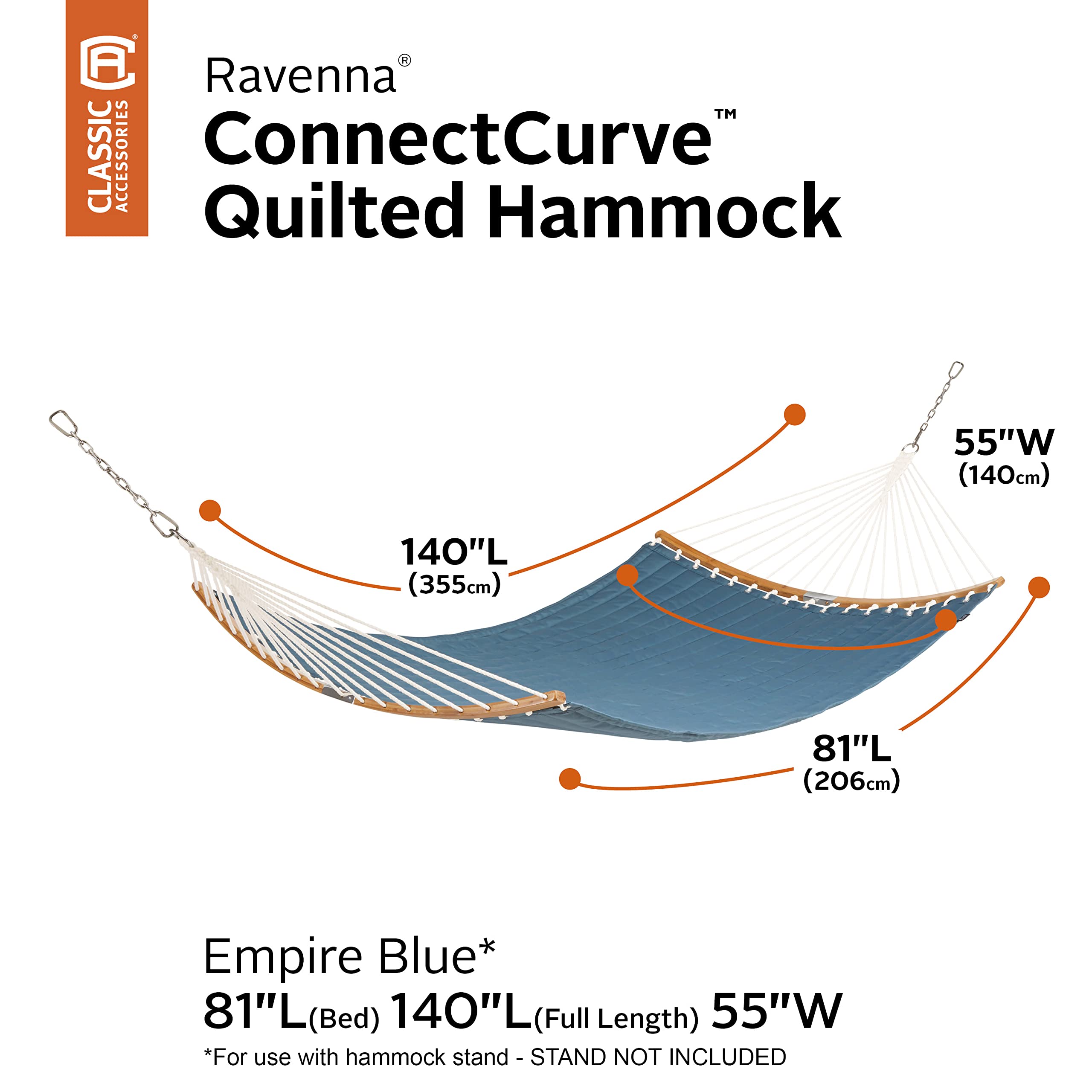 Classic Accessories Ravenna 81 x 55 Inch Quilted Double Hammock - Comfortable Outdoor Hammock for Two, Heavy Duty & Weather Resistant, Empire Blue - Perfect for Backyard, Camping, Beach & Patio Relaxation