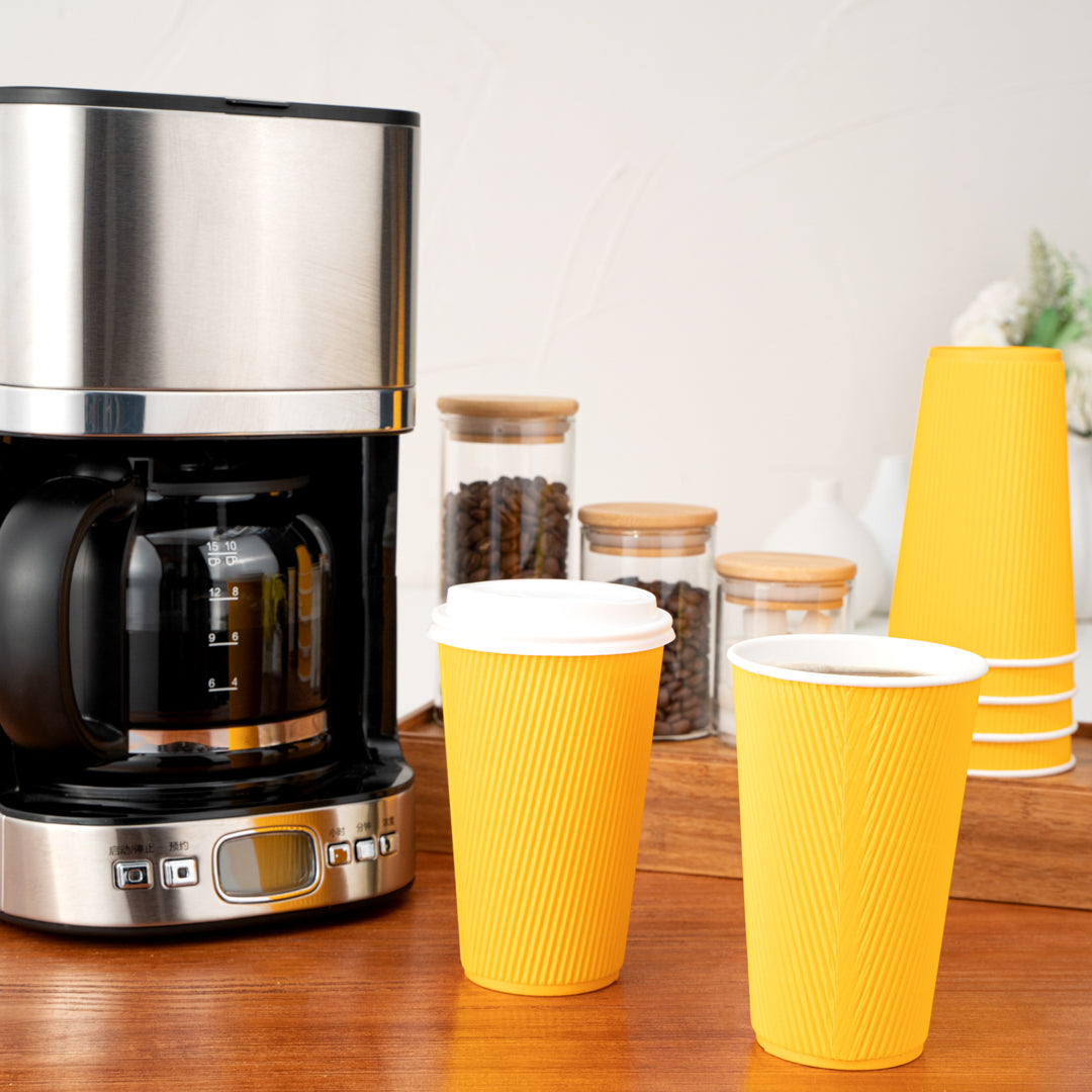 16 oz Yellow Paper Coffee Cups with Ripple Wall - 3.5