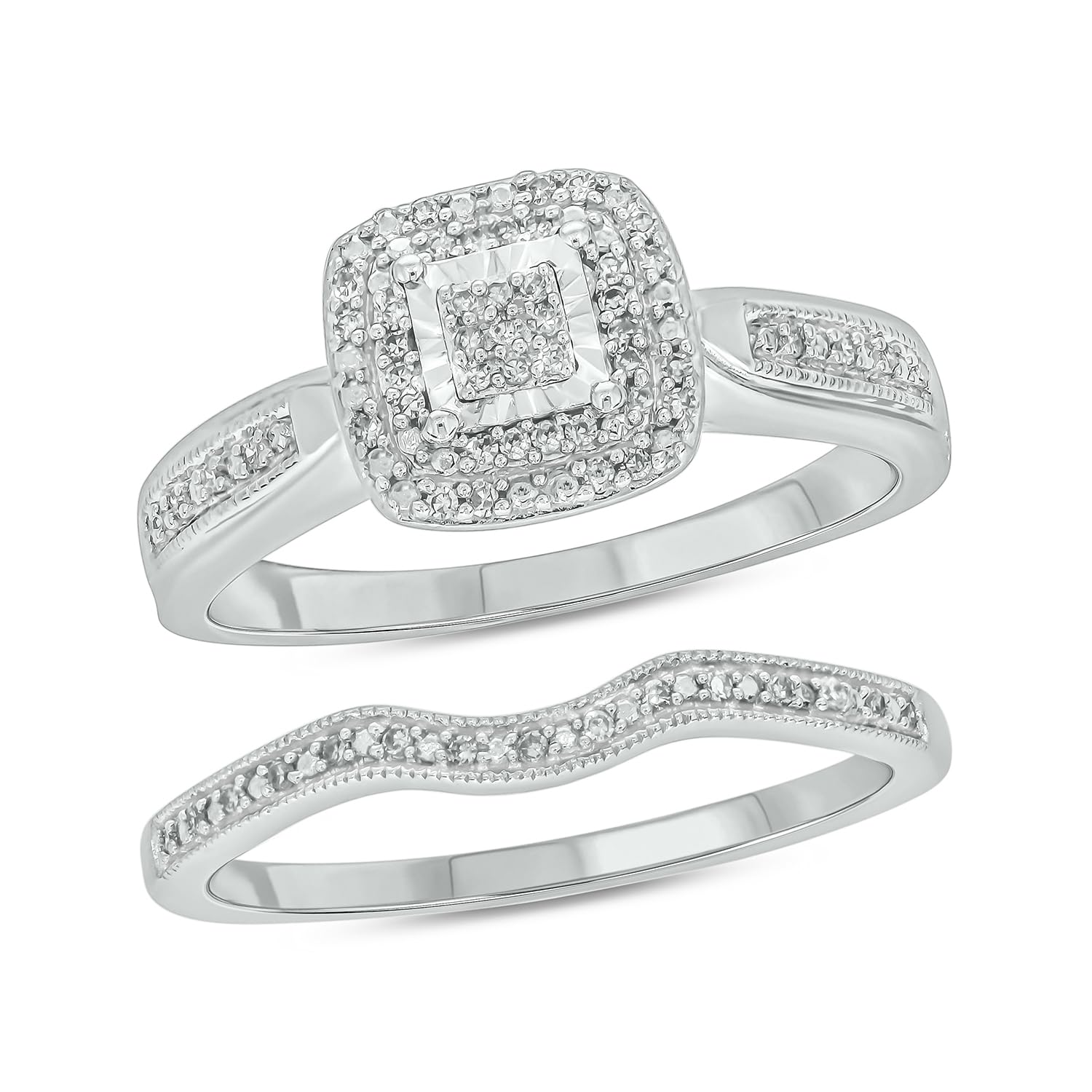 1/5ct Natural Black & White Diamond Bridal Ring Set for Women | 925 Sterling Silver Square Halo Wedding & Engagement Ring | Diamond Promise Ring in White Gold | Perfect for Proposals, Anniversaries & Special Occasions