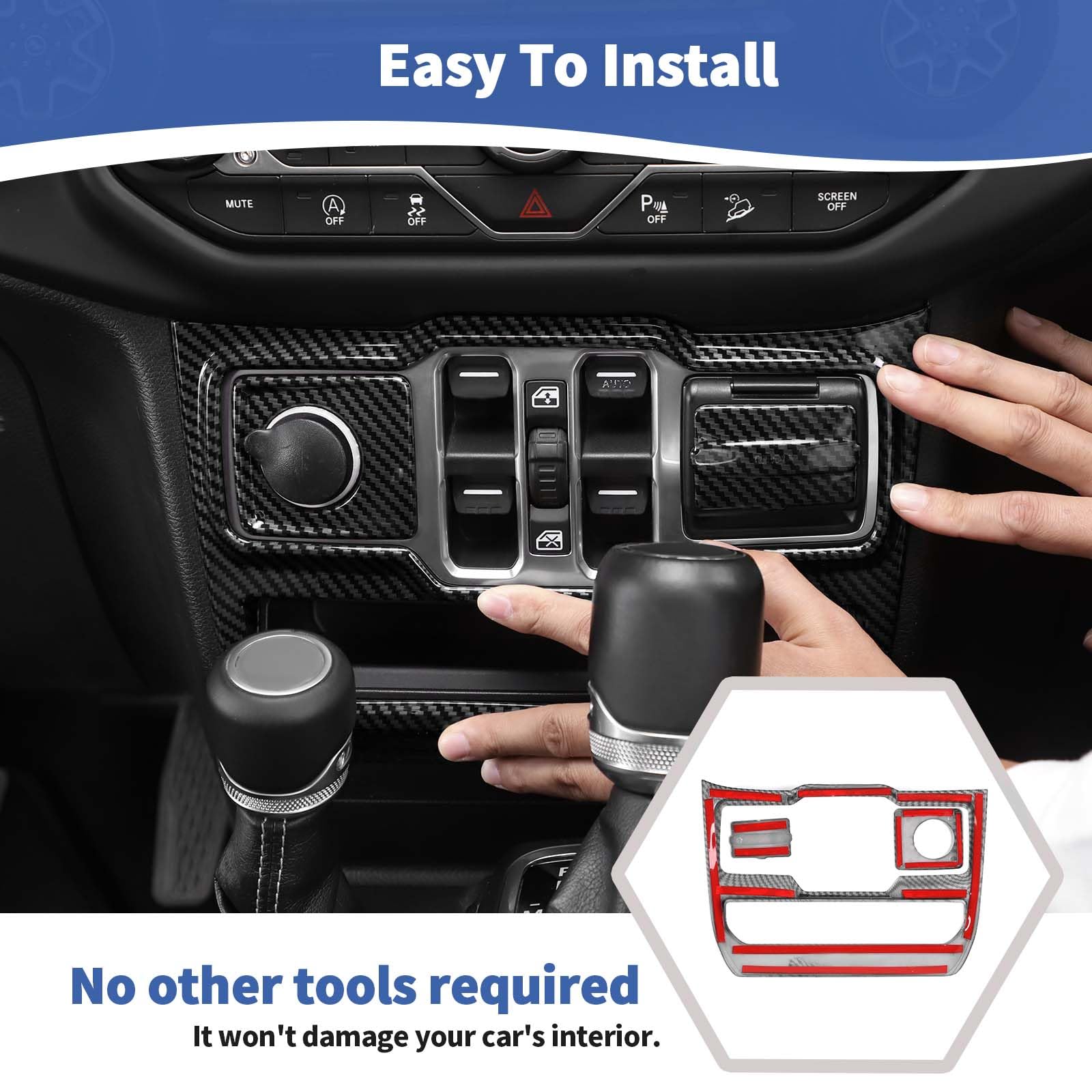 Carbon Fiber Center Dash Switch Panel Trim for Jeep Wrangler JL JLU & Gladiator JT (2018-2024) - 3pc Interior Accessories Kit - Perfect for Off-Roading & Custom Upgrades