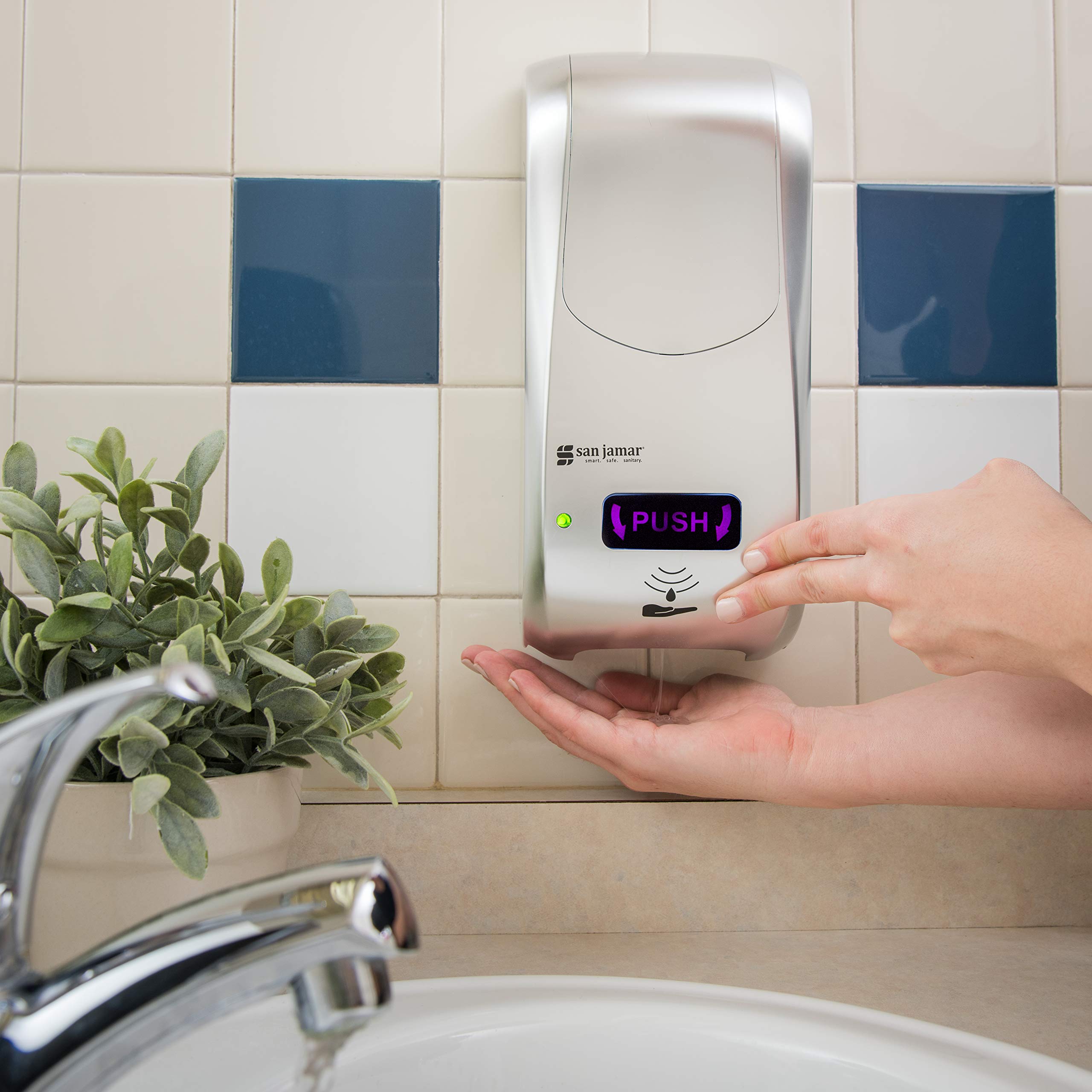 San Jamar Classic Rely Hybrid Electronic Soap Dispenser - 900ml Touchless Hand Sanitizer & Lotion Dispenser for Bathroom, Kitchen, Restaurant - Stainless Steel Look Plastic Dispenser - Ideal for Home, Office, and Commercial Use