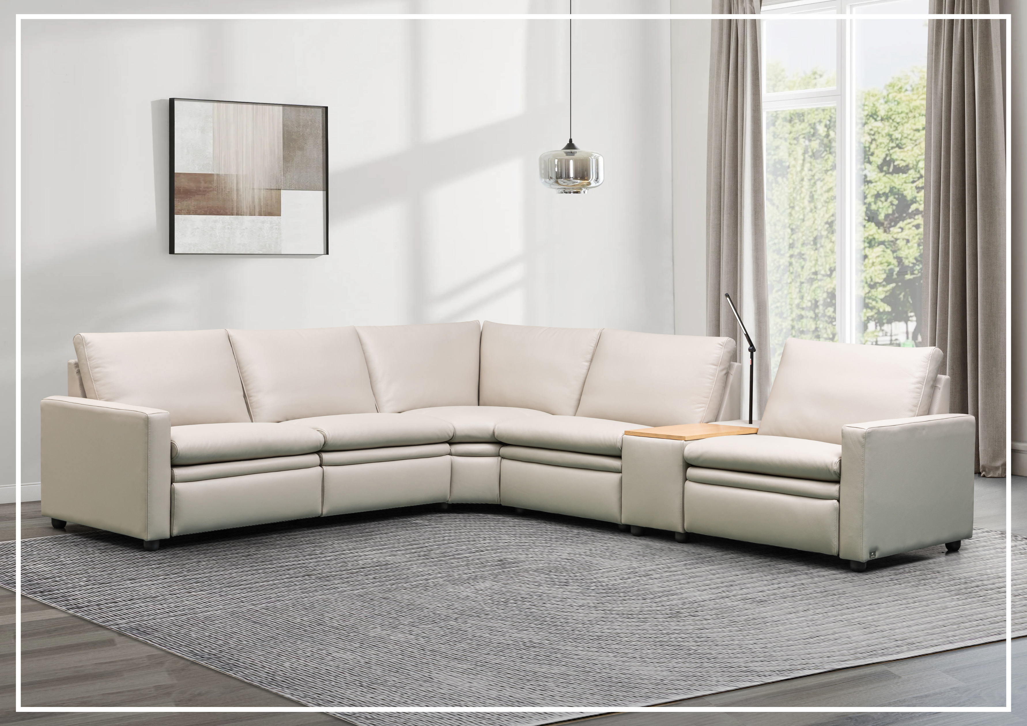 Klaussner Roma 6-Piece Beige Leather Power Reclining Sectional Sofa Set with USB Chargers - Modern Living Room Furniture for Home Theater & Family Gatherings