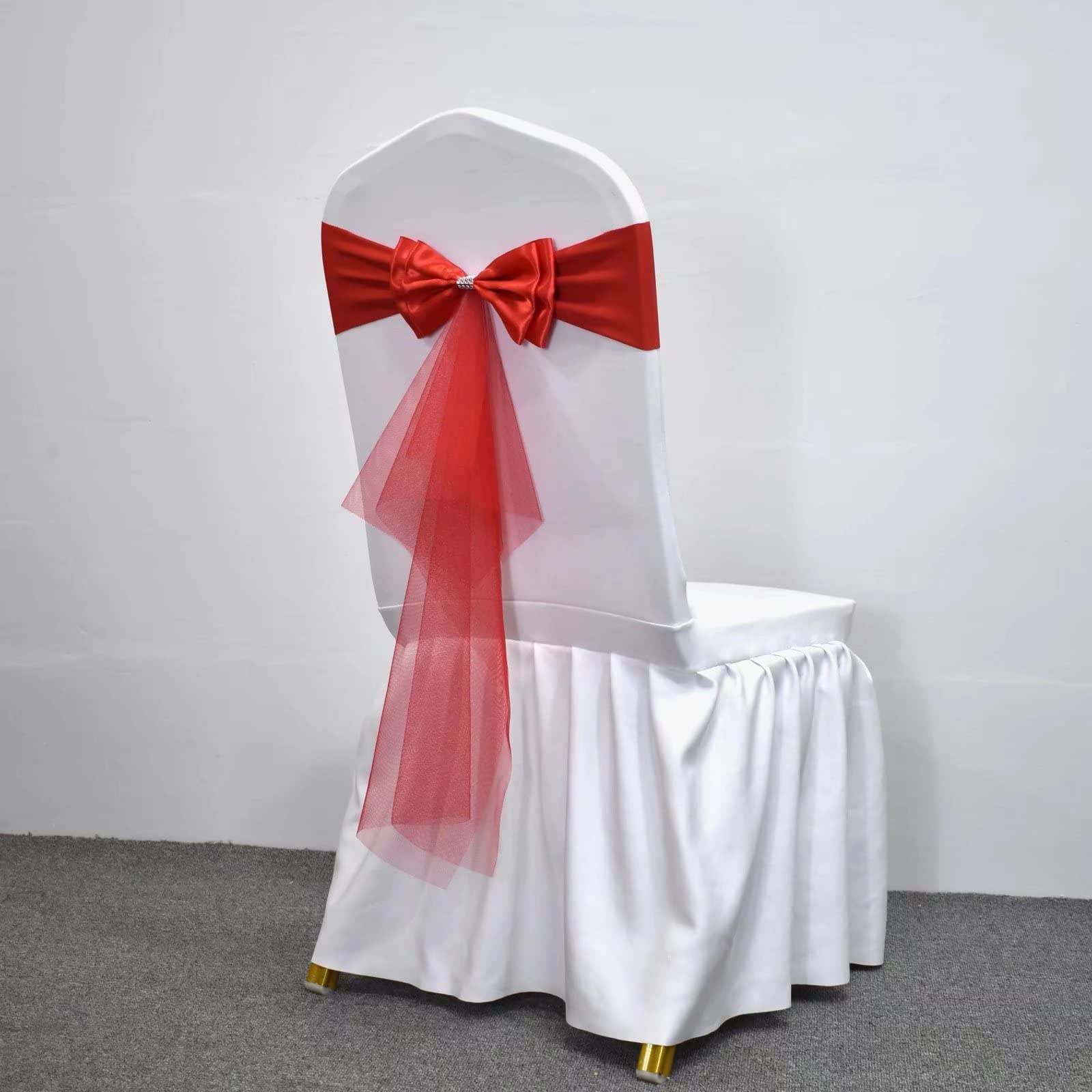 Stretch Spandex Chair Sashes - 100 Pcs Red Polyester Chair Ribbons & Bows for Wedding, Banquet, Party & Hotel Decorations - Perfect for Table Setting, Chair Back Decor, and Event Styling