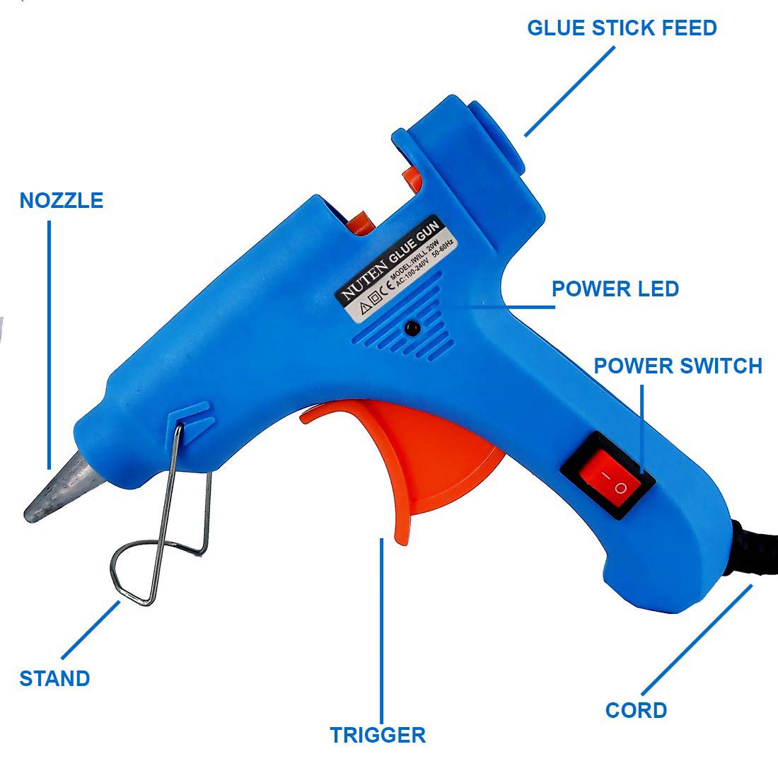 NUTEN 20W Hot Glue Gun with On/Off Switch & LED Light - Includes 5 Clear Glue Sticks - Perfect for DIY Crafts, Home Repairs, and School Projects