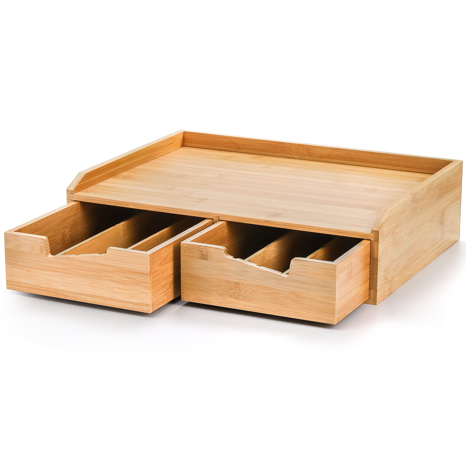 SOUJOY Bamboo Drawer Organizer for Coffee Pods & Tea Bags - K Cup Storage Tray with Drawer and Side Compartments - Perfect for Kitchen Counter, Office Desk & Coffee Bar Organization (Home & Office Use)