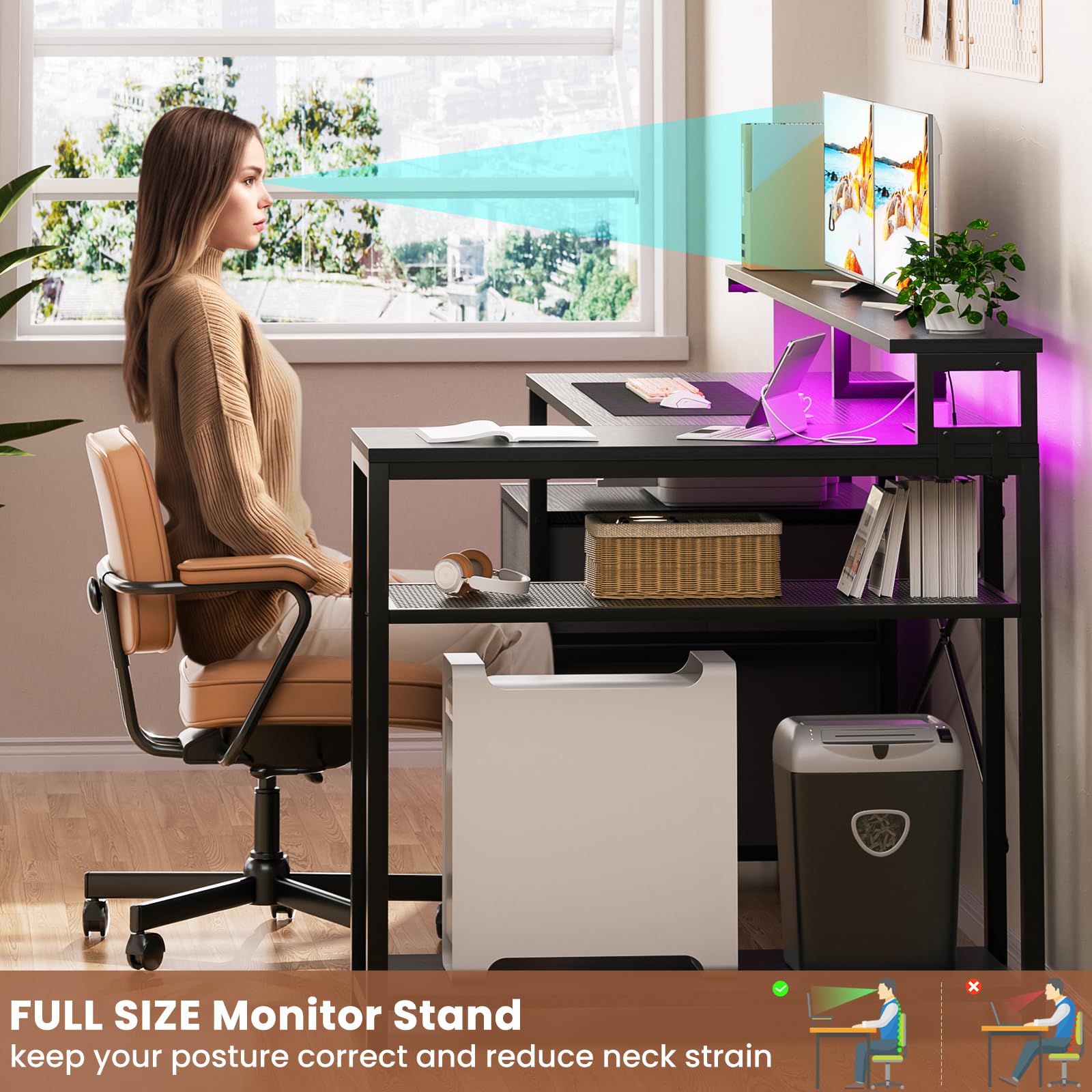 Aheaplus Reversible L-Shaped Computer Desk with File Drawer, Power Outlet & LED Strip - Home Office Gaming Desk with Monitor Shelf & Storage Shelves, Black - Perfect for Small Spaces, Work from Home & PC Gaming Setups