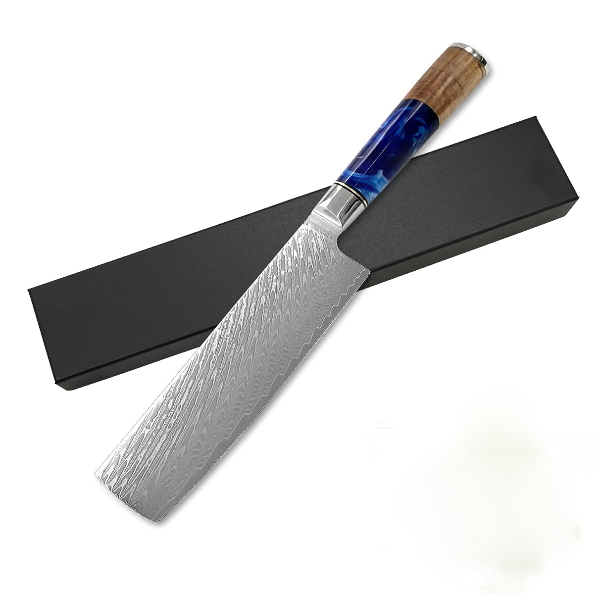 Premium Japanese Damascus Nakiri Knife - Handcrafted Blue Resin & Stabilized Wood Handle - Professional Chef Knife for Vegetable Chopping, Slicing - Ideal for Home Kitchens & Culinary Gifts