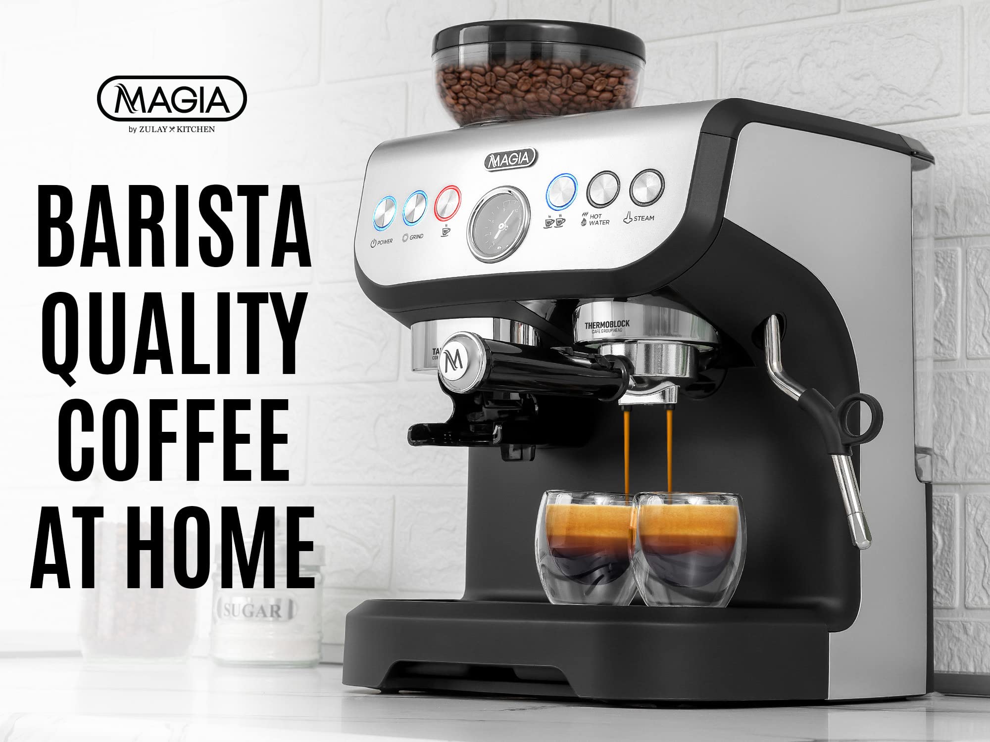 Zulay Kitchen Magia Manual Espresso Machine with Built-in Grinder & Milk Frother - 15 Bar Pressure Pump for Perfect Espresso, Cappuccino & Latte - 2L Large Removable Water Tank - Ideal for Home Baristas & Coffee Lovers