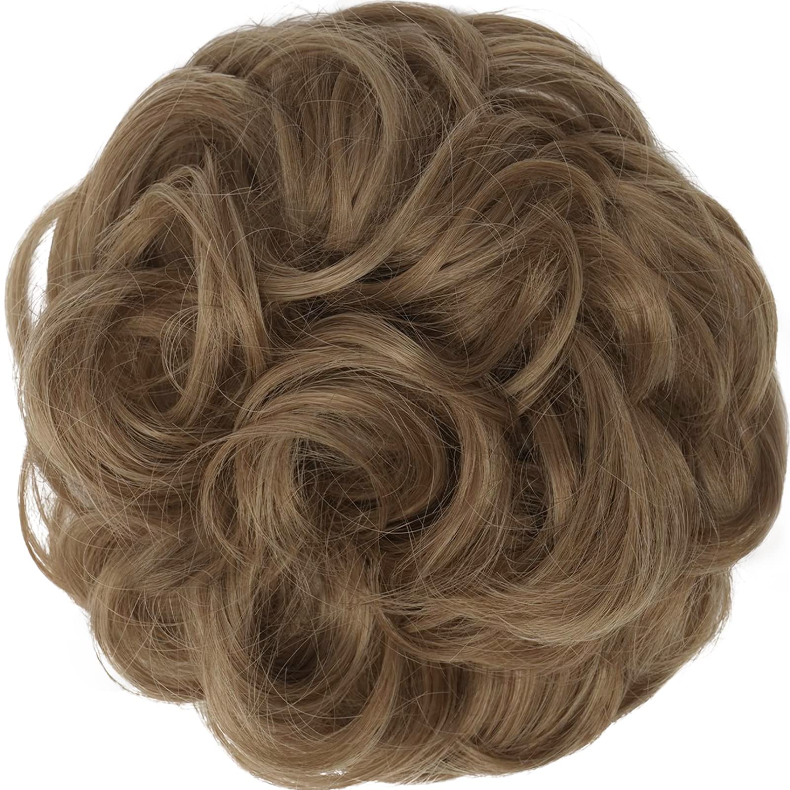 FESHFEN Updo Hairpiece - Ponytail & Bun Hair Extensions with Scrunchy, Wavy Curly Messy Donut Chignon - 12T24 Light Golden Brown & Pale Golden Blonde Ombre - Perfect for Parties, Weddings & Everyday Styling