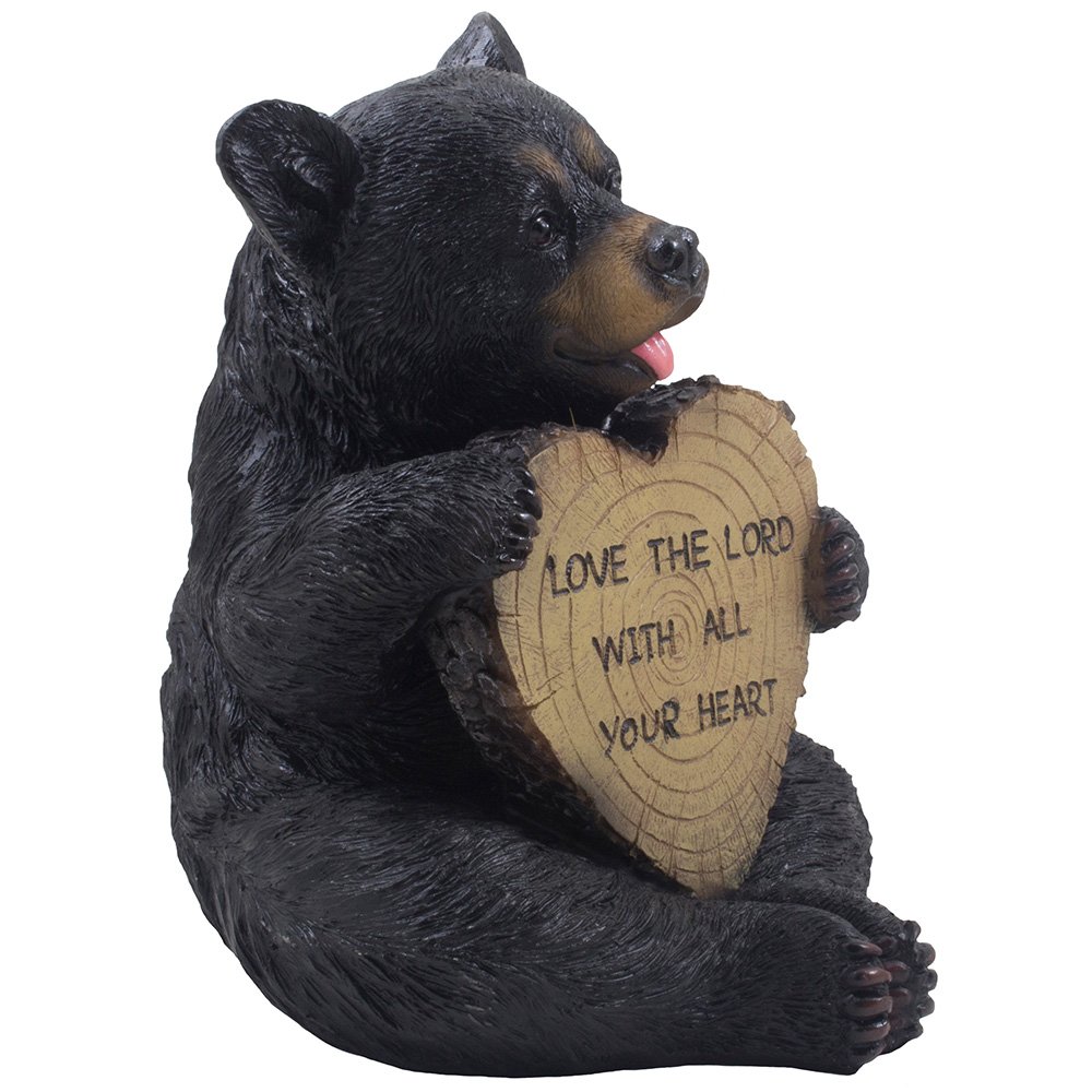 Black Bear Statue Holding Faux Wood Heart Sign - Rustic Home Decor, Christian Religious Gift for Women - Perfect for Valentine's Day, Housewarming, and Spiritual Décor