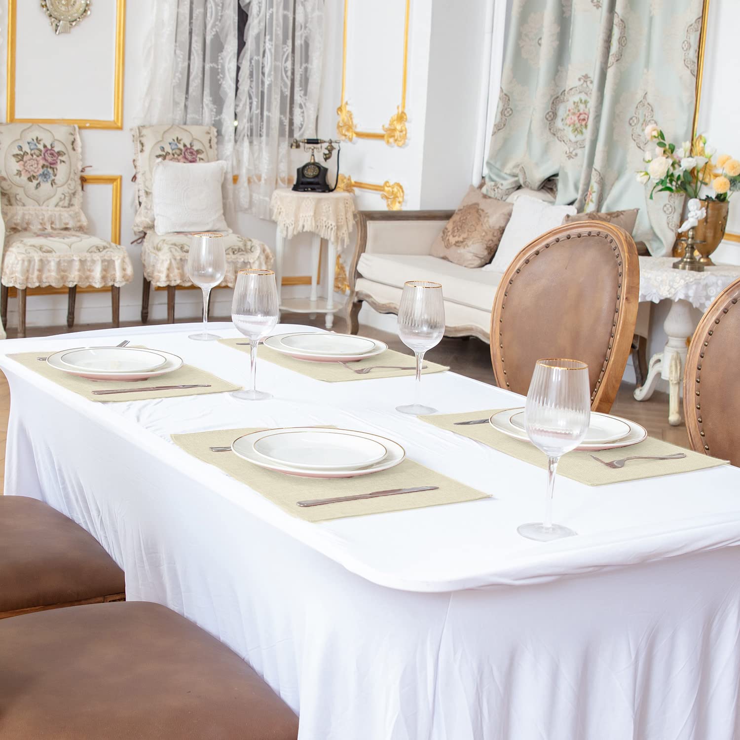 Premium Linen-Like Polyester Placemats Set of 8 - Machine Washable, Heat Resistant & Wrinkle Free - Thick Fabric Dining Table Mats for Kitchen & Formal Dinner (Beige) | Perfect for Everyday Meals, Dinner Parties & Holiday Gatherings