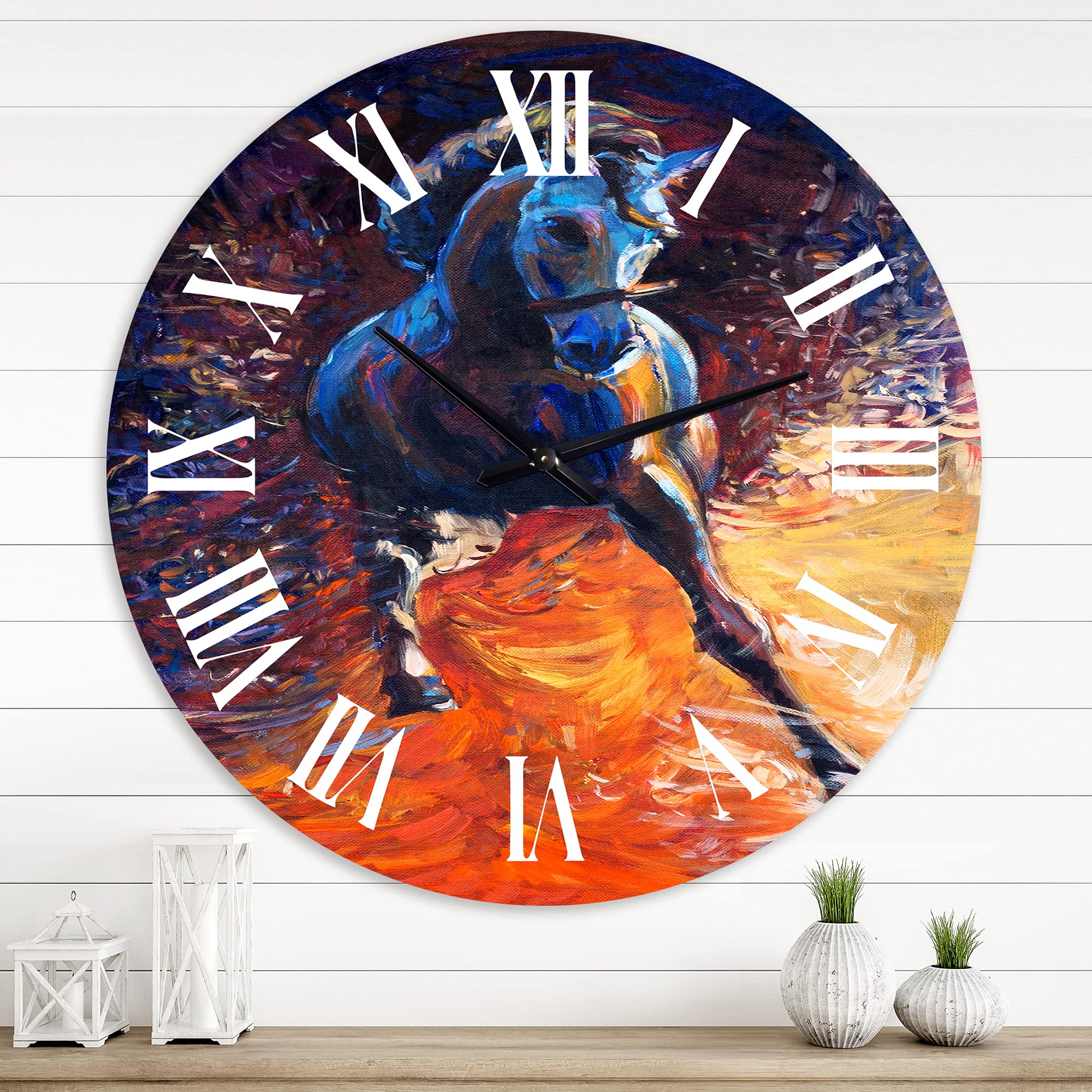 Farmhouse Wall Clock - 'Portrait of A Galloping Blue' Large Animal Wall Clock for Home & Office Decor | Rustic Country Style Clock for Living Room, Kitchen, Bedroom