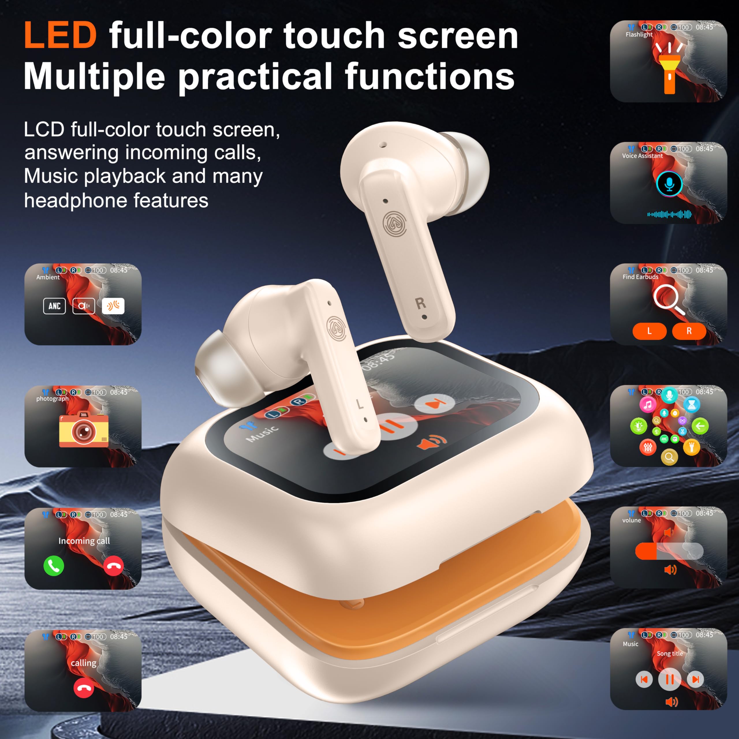 THREE PEACHES Wireless Bluetooth Earbuds with ANC/ENC Noise Cancellation, Touch Control LED Display, Gaming Headphones for iPhone/Android - Perfect for Workouts, Commuting & Gaming