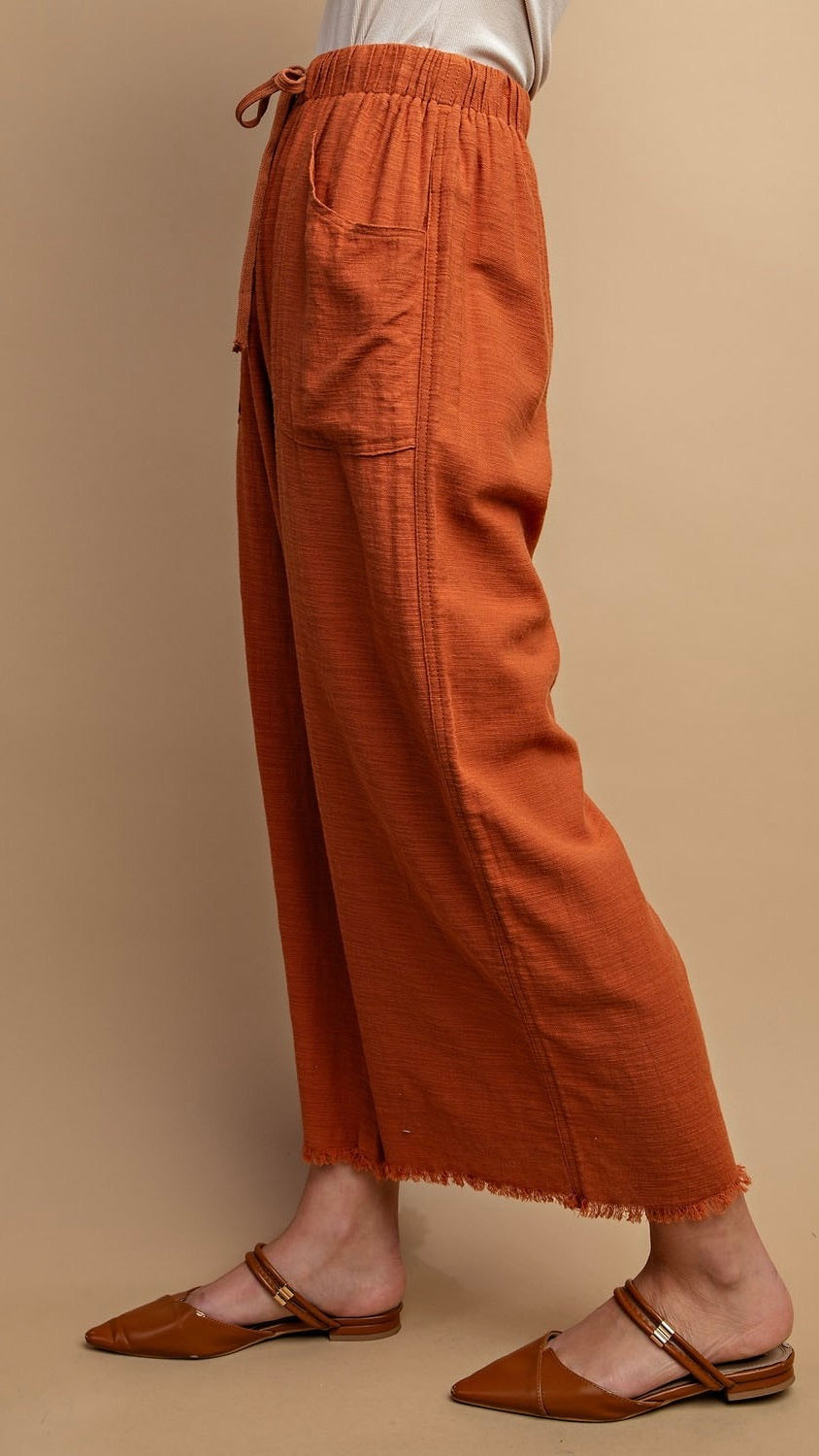 Willa Frayed Bottom Wide Leg Pants for Women - High Waisted Casual Lounge Pants in Clay Color - Perfect for Work, Travel and Everyday Wear