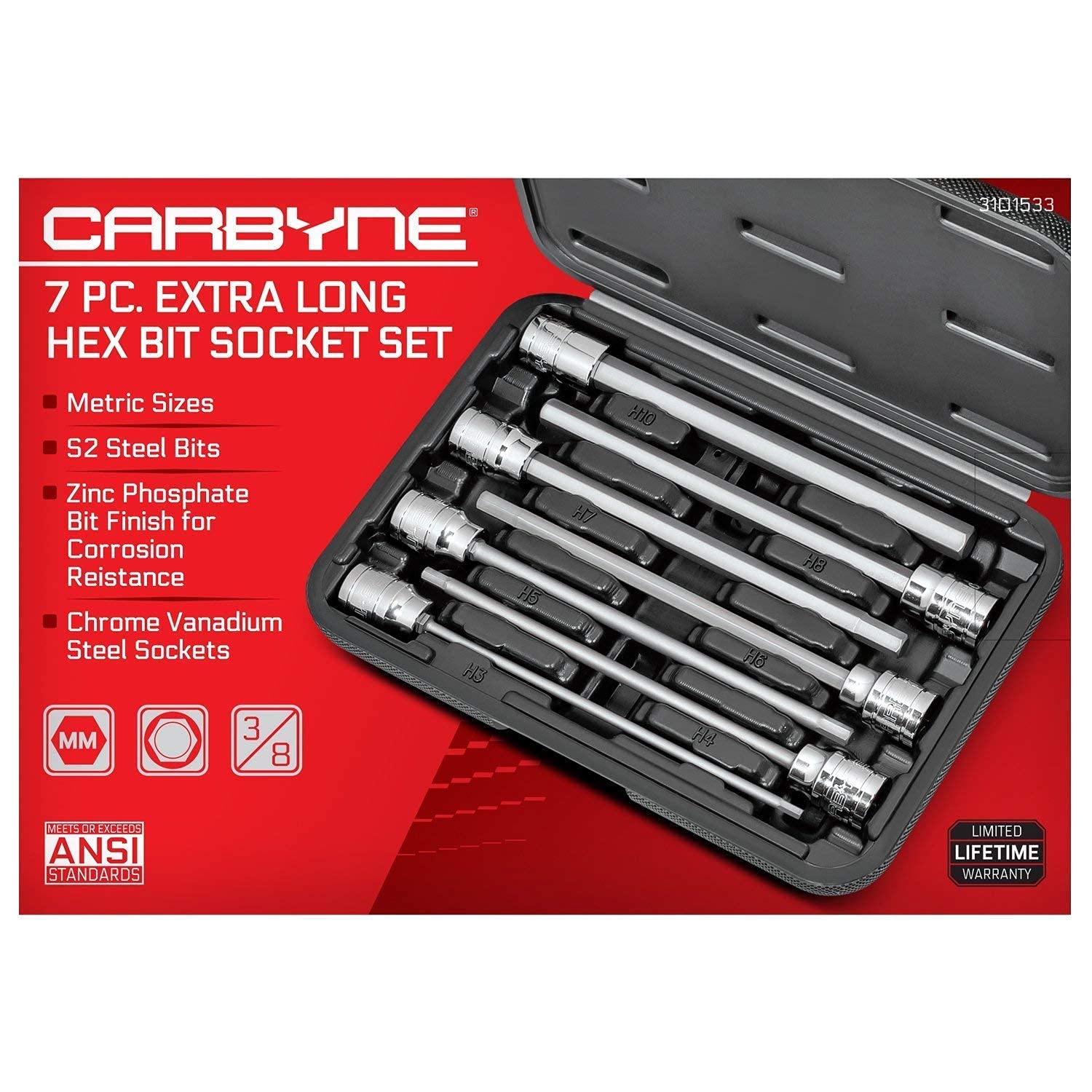 CARBYNE 47-Piece Hex Bit Socket Set - 33 Master + 7 Extra Long Metric & 7 Extra Long SAE - Professional Grade Tool Kit for Automotive Repair & DIY Projects