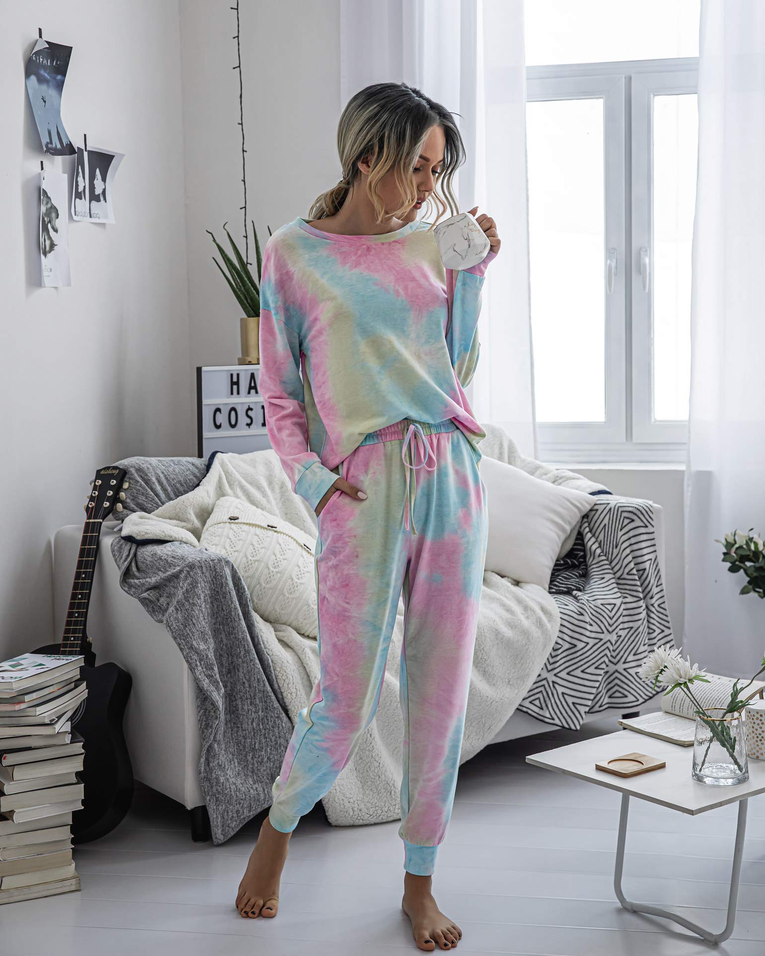TSMNZMU Women's Tie Dye Pajama Set - 2 Piece Long Sleeve Sleepwear with Pockets, Soft Pullover Top & Jogger Pants for Lounge, Sleep & Relaxation at Home