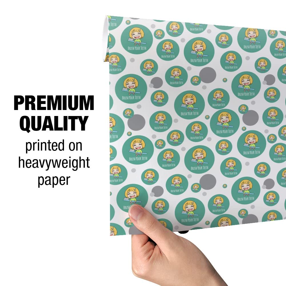 Kawaii Chibi Toothbrush Design Gift Wrap Paper Roll - Cute Dental Hygiene Themed Wrapping for Birthdays, Party Favors & Dental Awareness Events