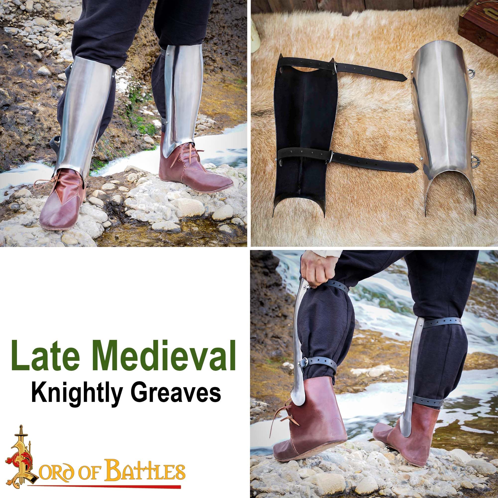 Lord of Battles Steel Greaves - 16 Gauge Medieval Leg Armor Set | Functional Leg Guards for LARP, Cosplay, Halloween, Renaissance Fairs & Medieval Reenactments | Perfect for Battle Reenactments, Costume Parties & Historical Events