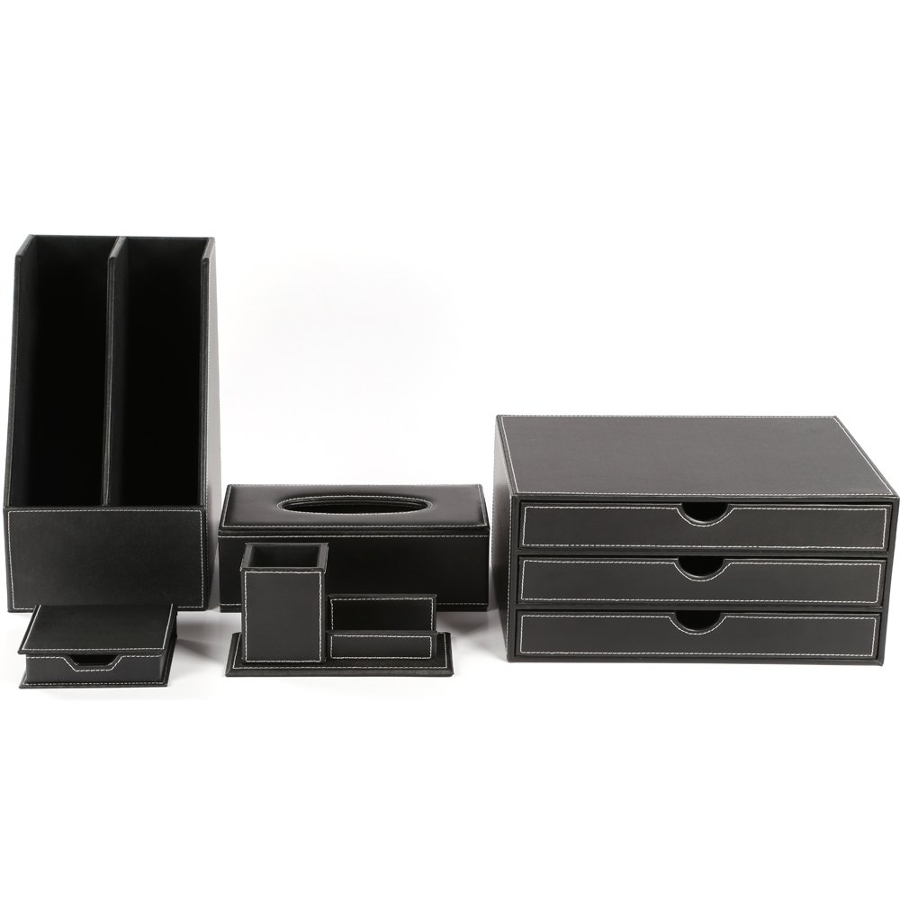 KINGFOM 5-Piece Office Desk Organizer Set - Synthetic Leather File Holder, Drawer Organizer, Pencil Holder, Memo Paper & Tissue Box Holder (T09-Black) - Perfect for Home Office, Workspace & Study Desk Organization