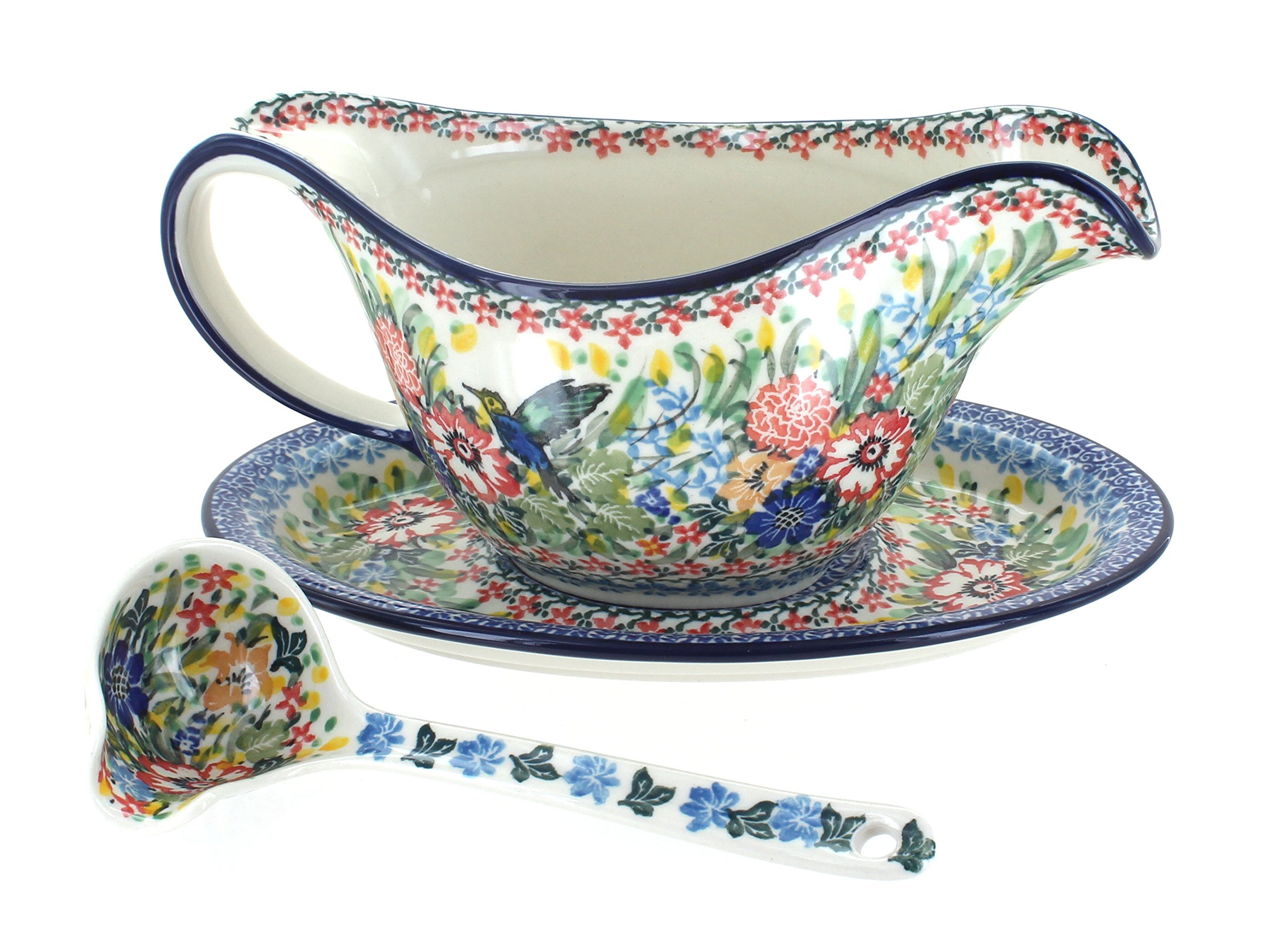 Blue Rose Polish Pottery Hummingbird Gravy Boat with Ladle - Elegant Serving Dish for Thanksgiving, Christmas Dinner & Special Occasions