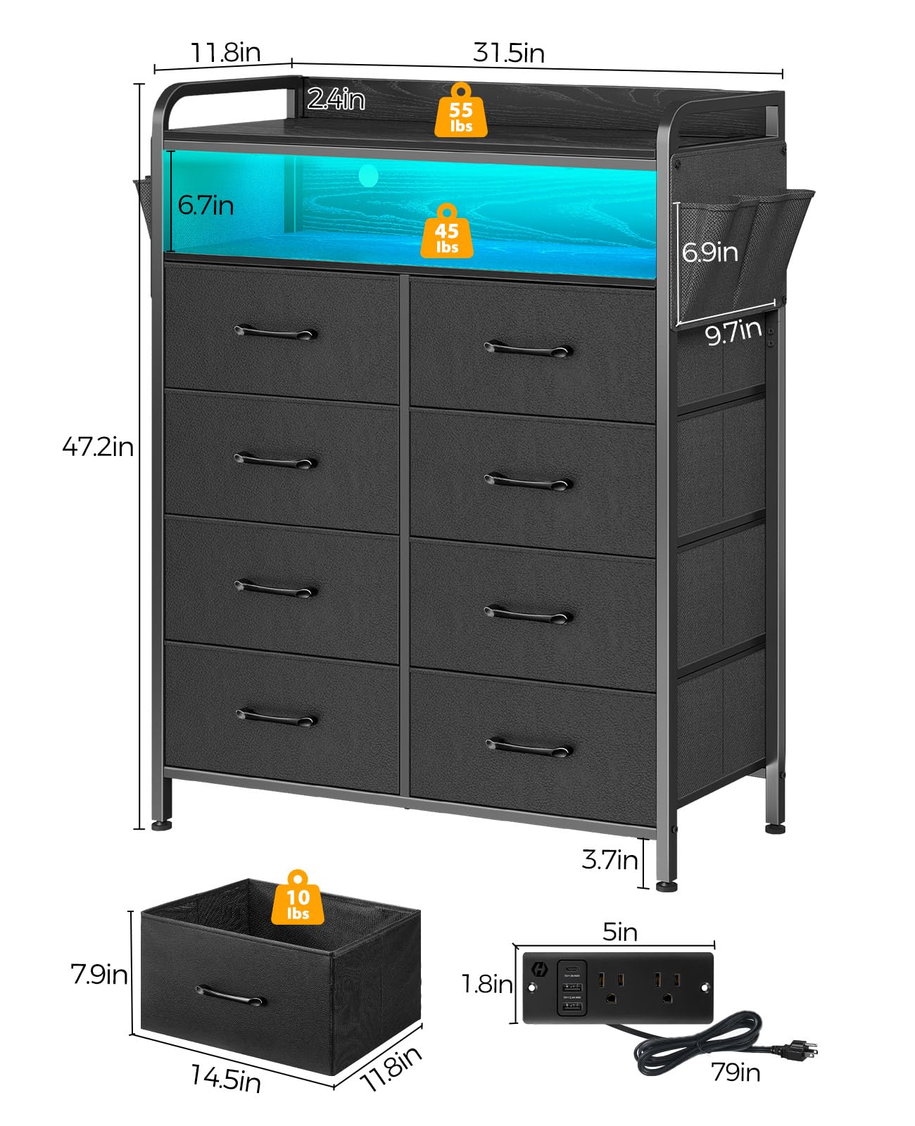 Rolanstar 8-Drawer Dresser with Power Outlets & LED Lights, Fabric Storage Chest with PU Finish, Sturdy Wood Top Frame & Side Pockets - Modern Tall Bedroom Dresser for Clothes Organization & Home Decor (Black)
