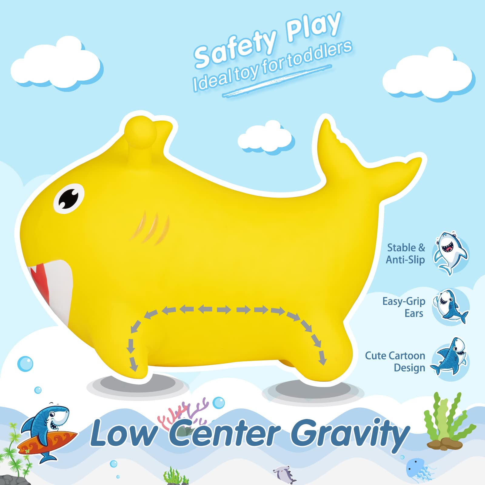 **Baby Shark Bouncy Hopper Toy - Ride-On Bouncing Animal for Toddlers 2-4 Years - Indoor & Outdoor Play - Perfect Birthday Gift for Boys & Girls - Fun Party Decorations & Active Playtime**