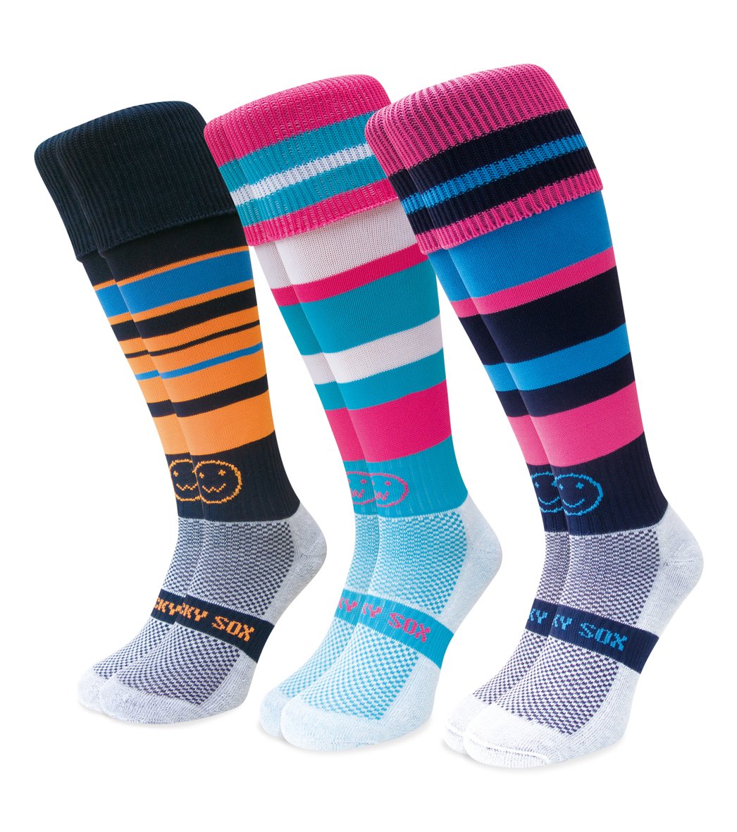 WackySox Hooped 3-Pair Knee High Sports Socks for Running, Hockey, Rugby & Riding - Breathable Athletic Socks for Men & Women - Perfect for Gym, Training & Outdoor Activities