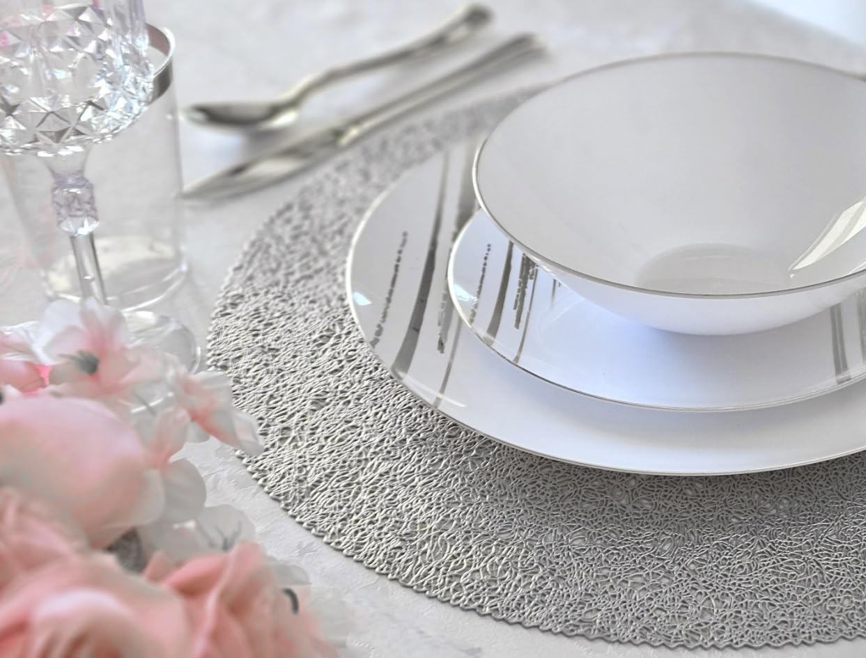 120-Pack Metallic Silver Pressed Vinyl Round Placemats - Elegant Wedding Table Decor & Dinner Party Centerpieces for Glamorous Occasions
