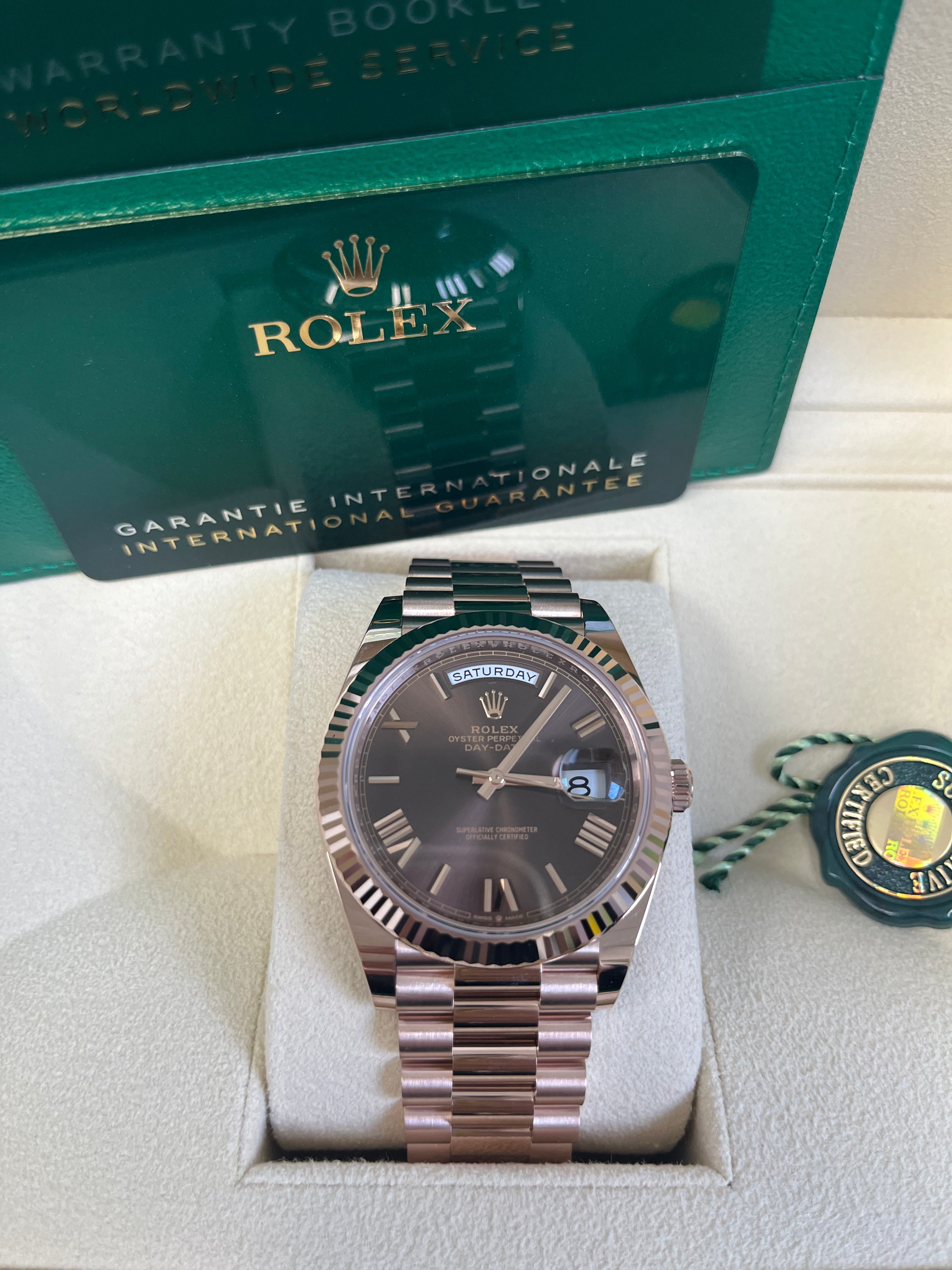Rolex Day Date 40 Rose Gold Watch with Chocolate Roman Dial & Fluted Bezel (Ref# 228235) - Luxury Dress Watch for Business & Formal Occasions