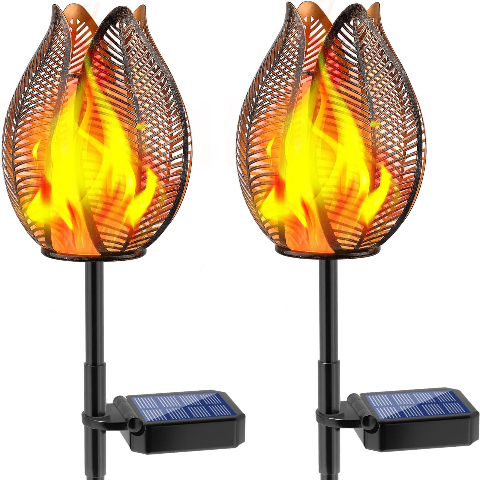 TomCare Solar Lights Outdoor - 2 Pack Flickering Flame Solar Garden Lights with Metal Flower Design, Waterproof Solar Pathway Lights for Yard, Patio & Garden Decor | Solar Powered & Easy Installation