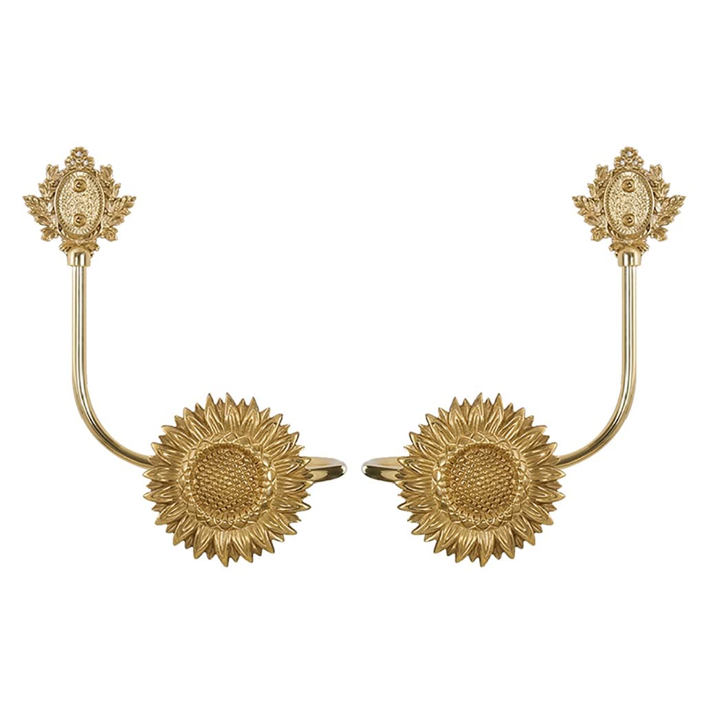 Elegant Brass Sunflower Curtain Holdbacks - Set of 2 Wall Mounted Drapery Tiebacks for Home, Kitchen & Office Decor | Vintage Style Window Treatment Accessories | Perfect for Living Rooms, Bedrooms & Dorm Windows