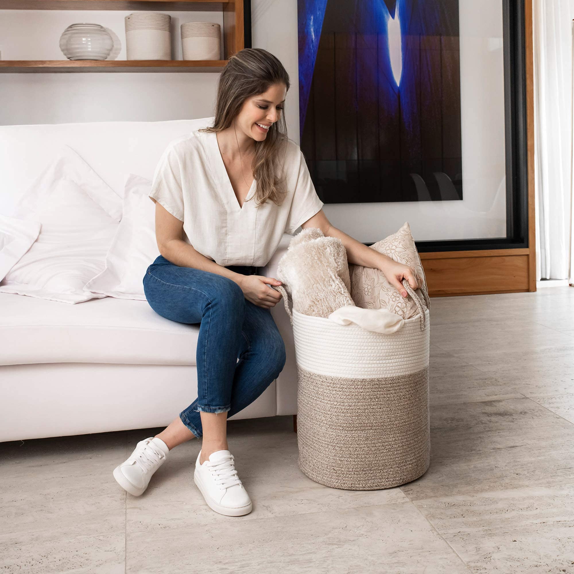 OrganiHaus XXL Woven Rope Laundry Basket - Large 38x45cm Hamper for Blankets, Baby Clothes & Nursery Storage | Natural Brown Scandinavian Home Decor Basket for Bedroom, Bathroom & Laundry Room Organization