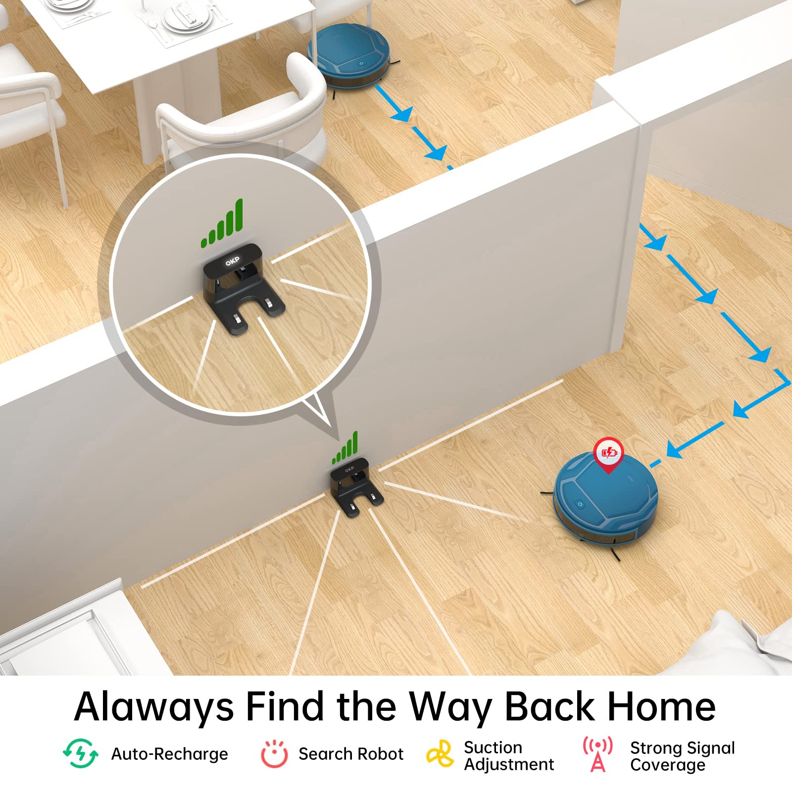 OKP K2-Pro Robot Vacuum Cleaner with WiFi/App/Alexa Control, Smart Mapping & Auto Charging - Powerful Suction for Pet Hair, Carpets & Hard Floors - Ultra Quiet Cleaning for Home, Office & Apartment Use