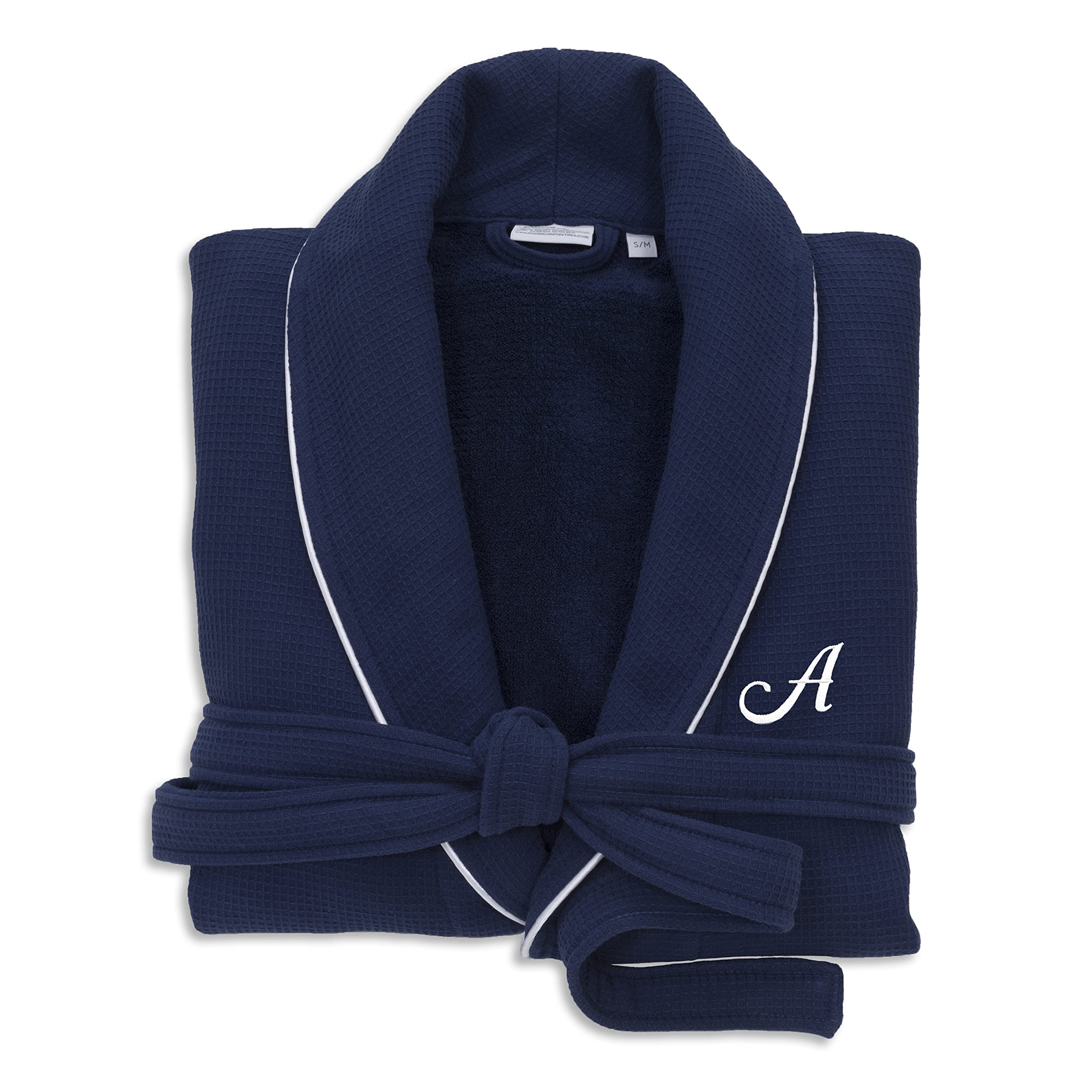 Premium Navy Blue Unisex Turkish Cotton Waffle Weave Terry Bathrobe with Monogram - Soft & Absorbent Spa Robe for Men & Women - Perfect for Bath, Lounge & Hotel Luxury (Size S/M)