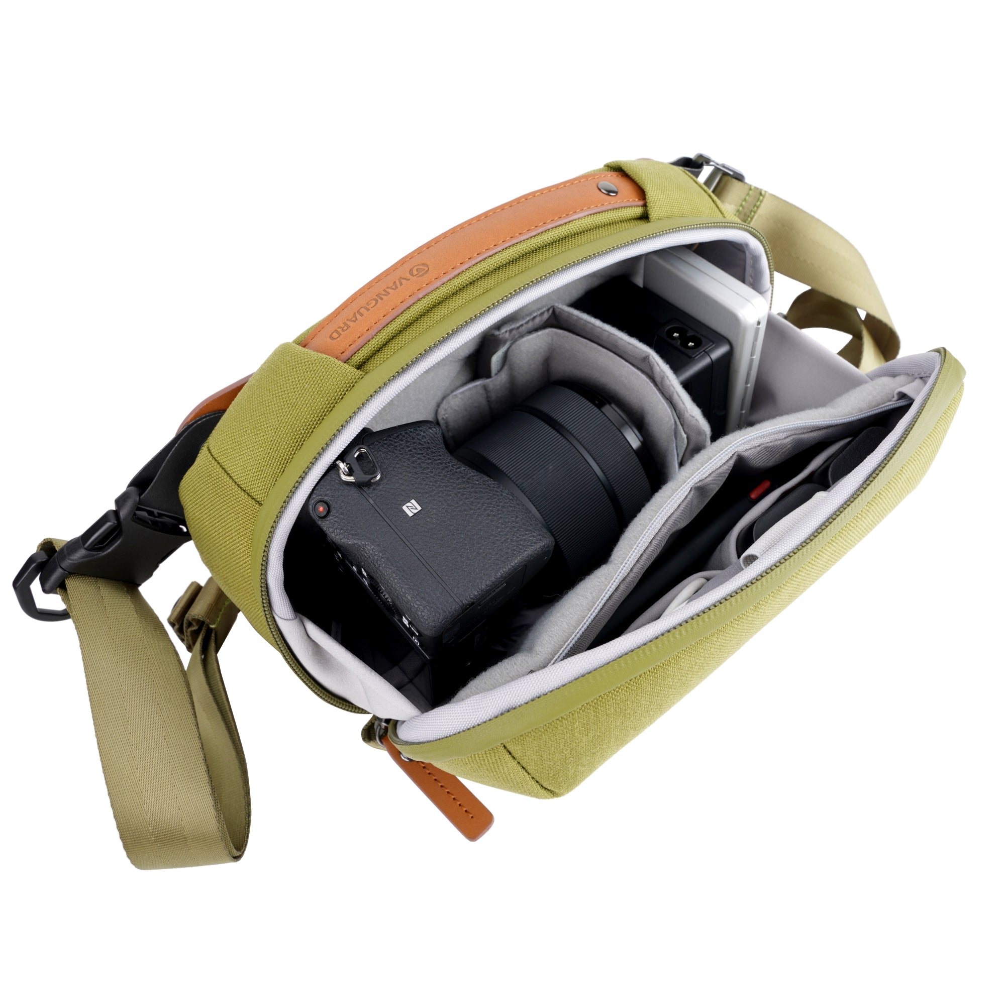 VEO City CB24 GR Crossbody Camera Bag for Women & Men - Waterproof Green Shoulder Bag for DSLR, Mirrorless Cameras - Perfect for Travel, Hiking & Everyday Use
