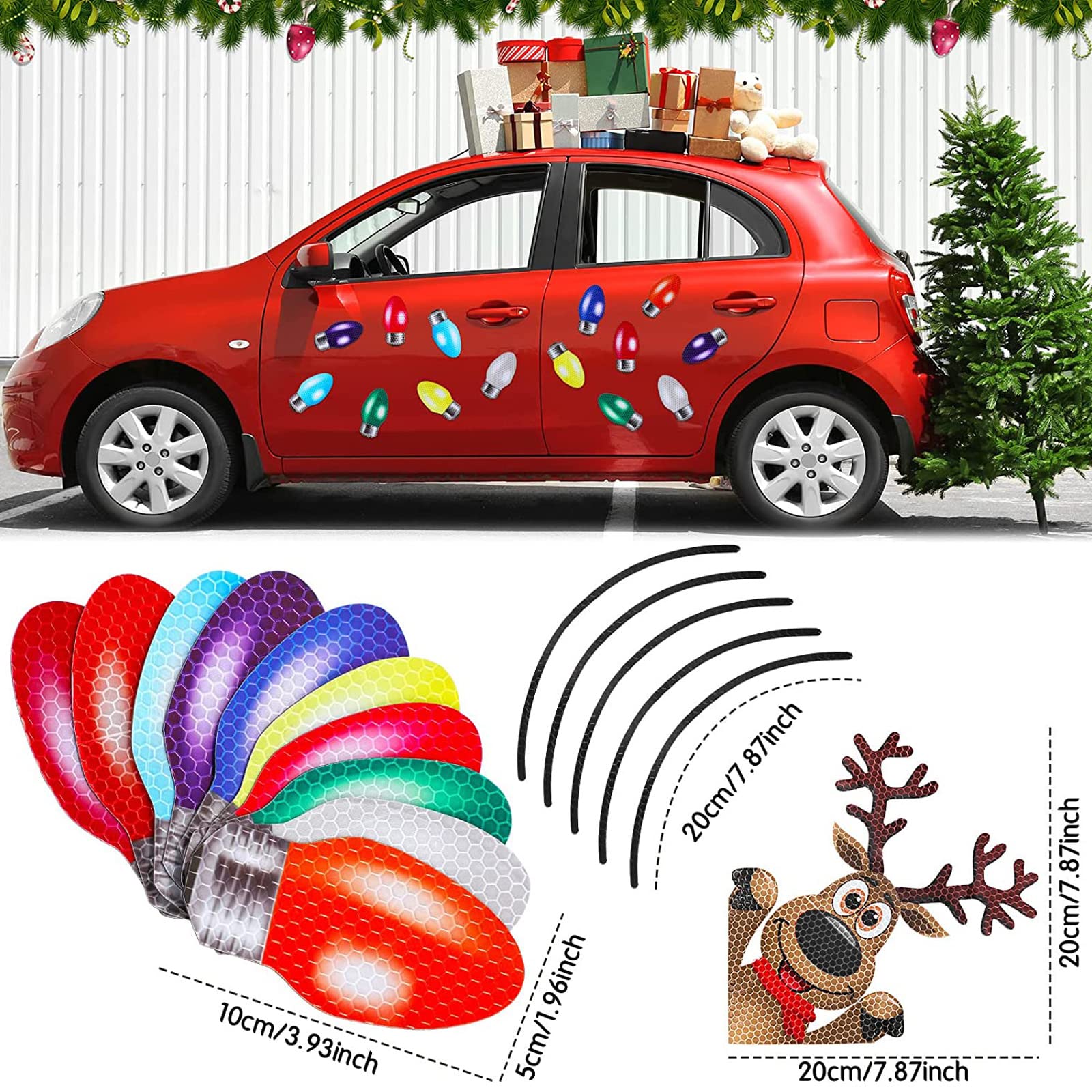 Frienda 40-Piece Christmas Car Wreath Set with LED Wreath, 20 Reflective Lights, 2 Reindeer Magnets, 10 Magnet Wires & 2 Suction Cups - Perfect for Holiday Car Decorations, Christmas Parades & Festive Road Trips
