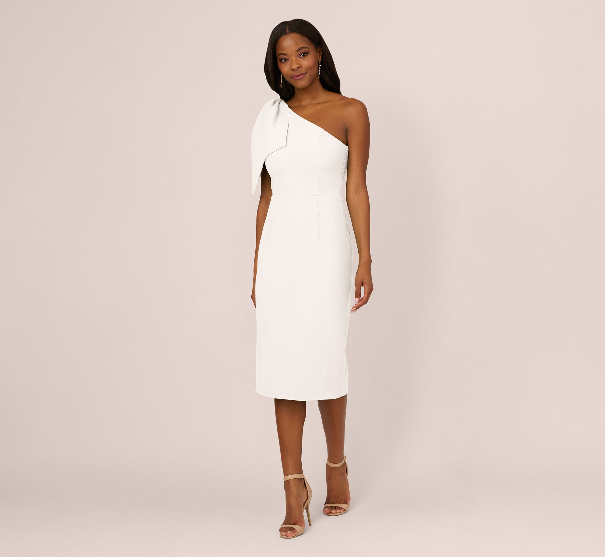 Elegant One Shoulder Midi Dress with Bow Detail in Ivory - Perfect for Weddings, Parties & Special Occasions