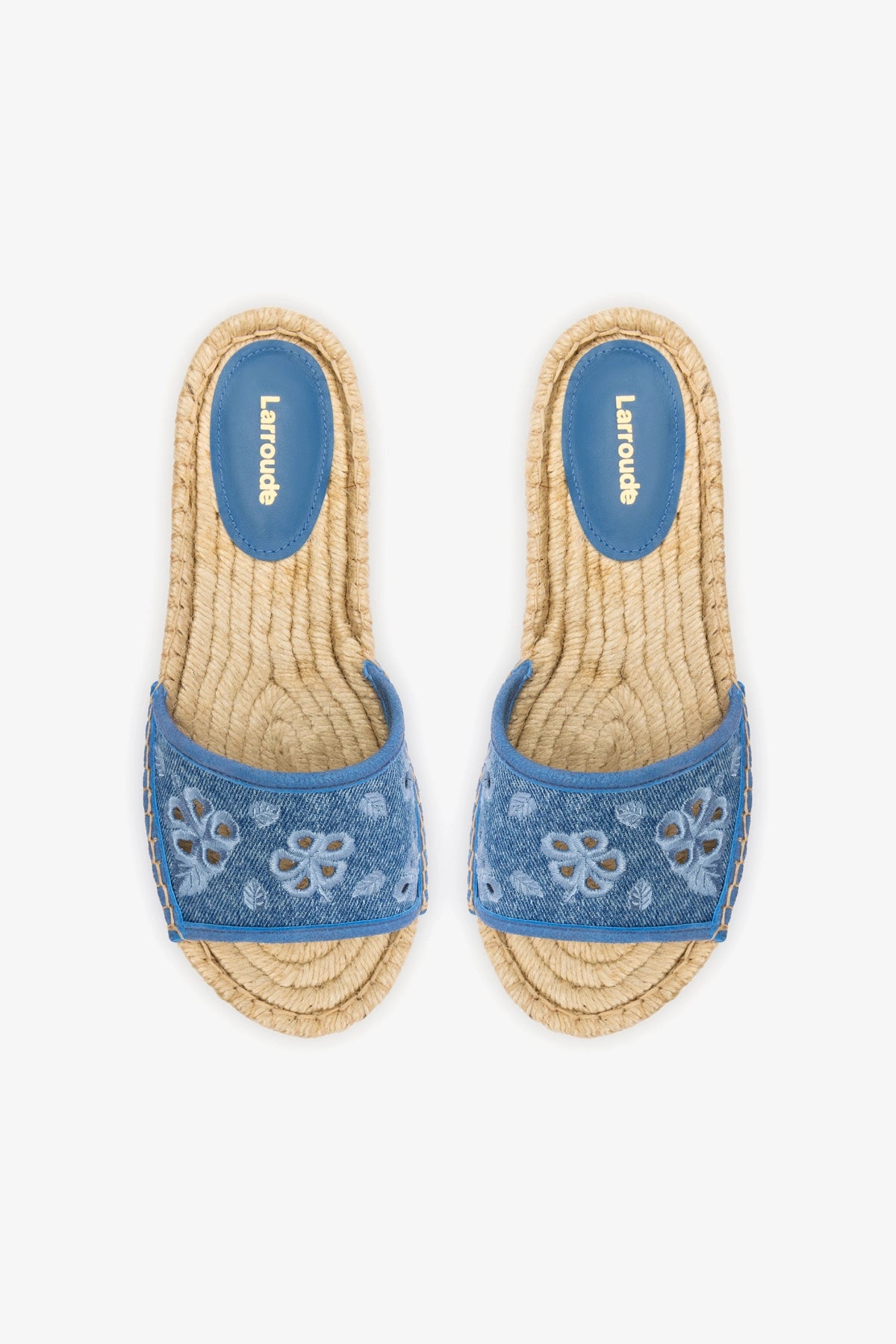 Letizia Espadrille Flatform Sandals - Blue Stonewashed Denim with Hibiscus Embroidery | Comfortable Summer Wedges for Beach, Vacation & Casual Outings