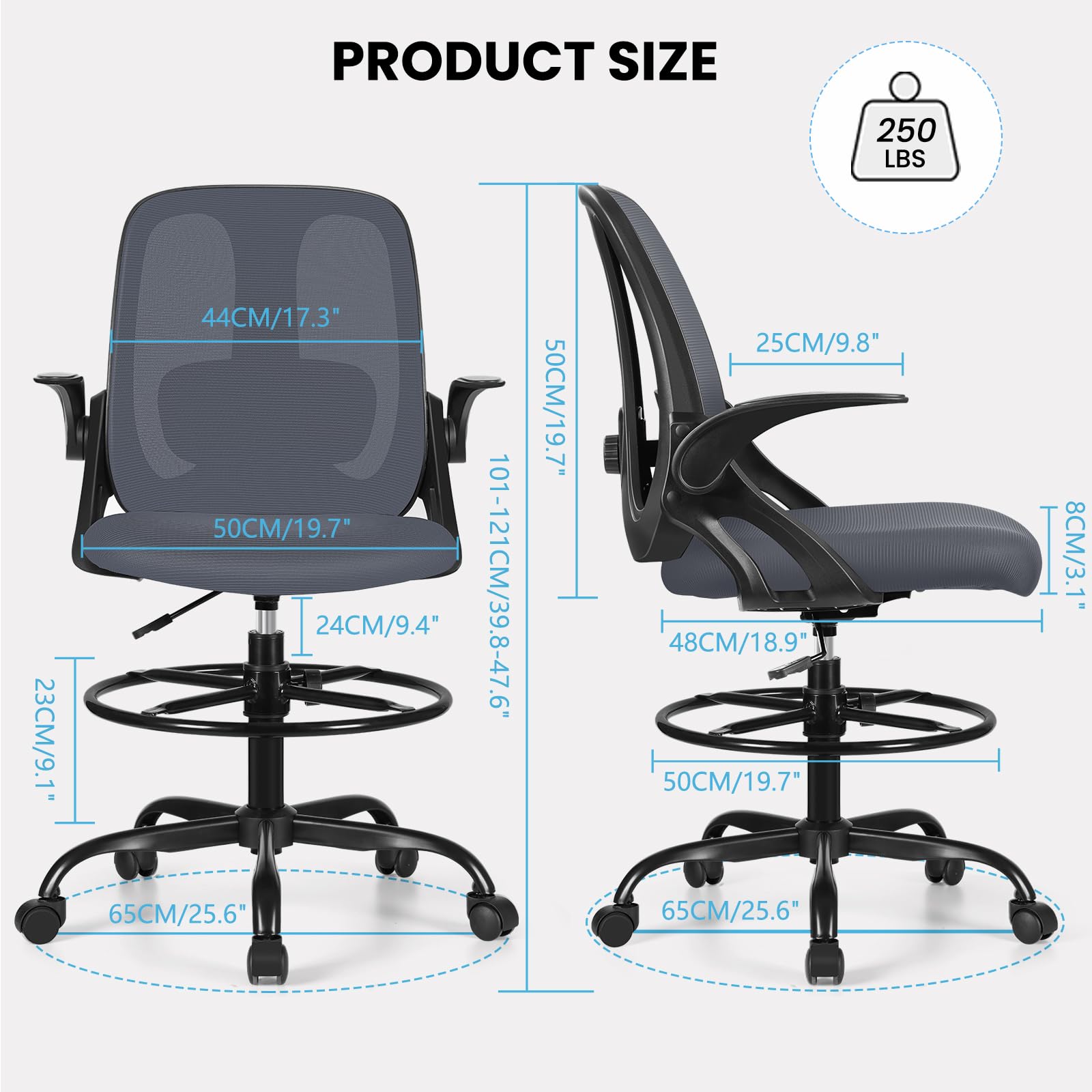 Ergonomic Drafting Chair with Adjustable Lumbar Support & Flip-Up Armrests - High Office Stool with Footrest Ring for Standing Desks - Dark Gray Executive Computer Chair for Architects, Designers & Home Office Use