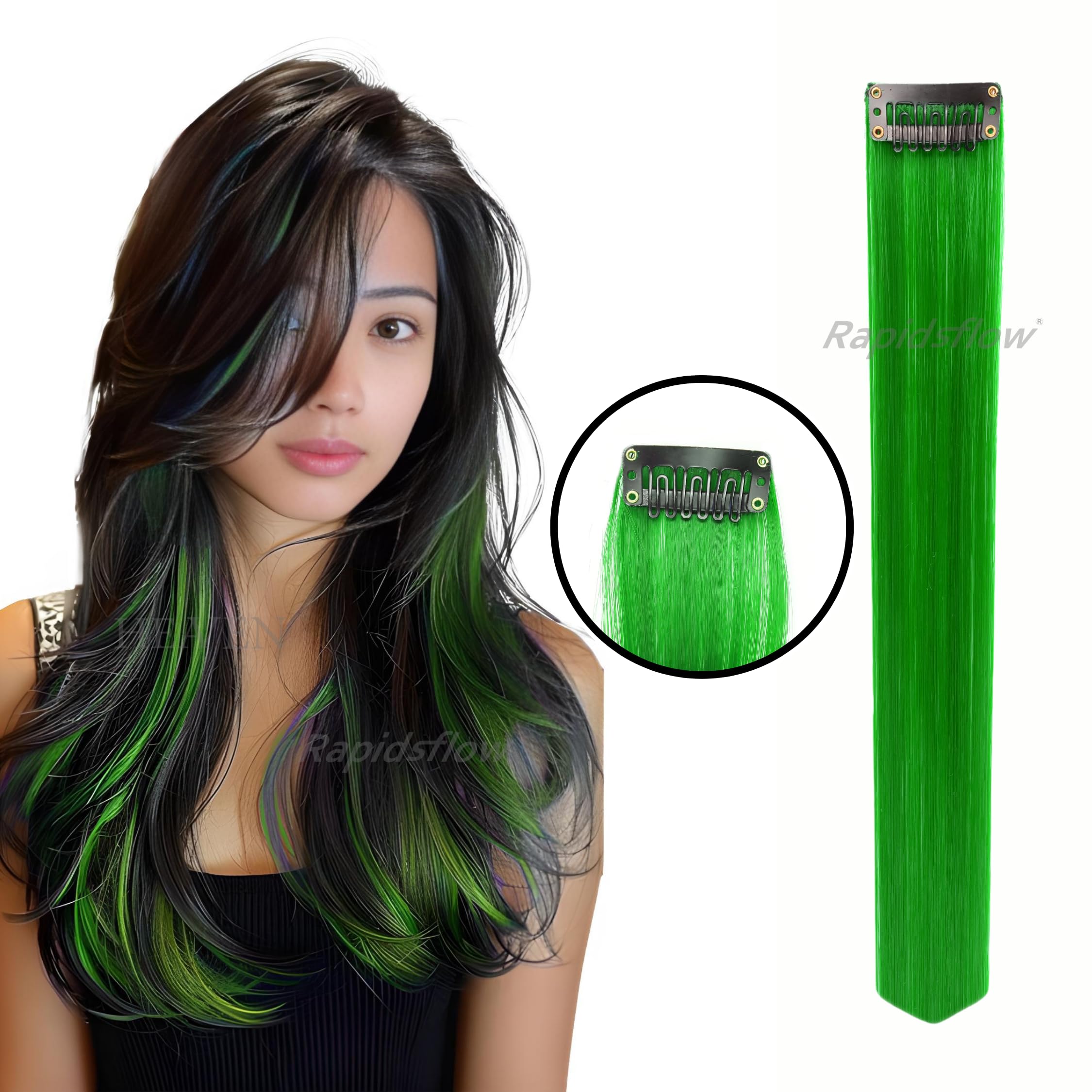 Rapidsflow® Straight Colored Hair Streak Extensions for Women & Girls - 4pc Set of Real Human Hair Highlights in Green - Perfect for Parties, Cosplay & Fashion Styling