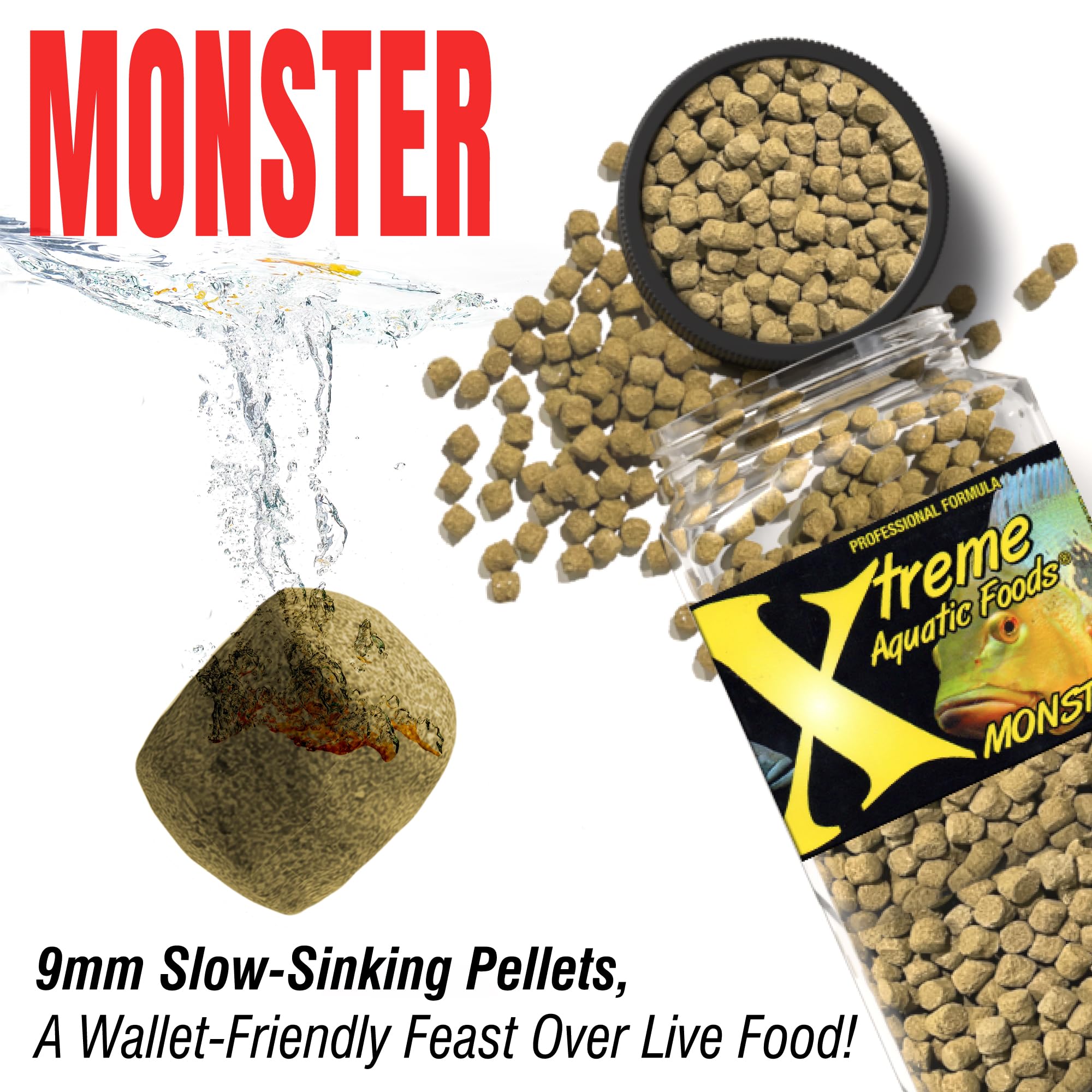 Xtreme Monster 9.0mm Slow Sinking Fish Food Pellets - High Protein Diet for Large Cichlids, Monster Fish & Aggressive Eaters - Supports Immune & Digestive Health - USA Farm Grown (18oz) - Perfect for Freshwater Aquariums & Pond Feeding