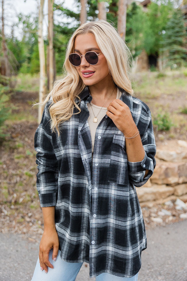 Black and Ivory Plaid Oversized Button Front Shirt for Women - Stylish Loose Fit Long Sleeve Blouse - Perfect for Casual Outfits, Layering, and Office Wear