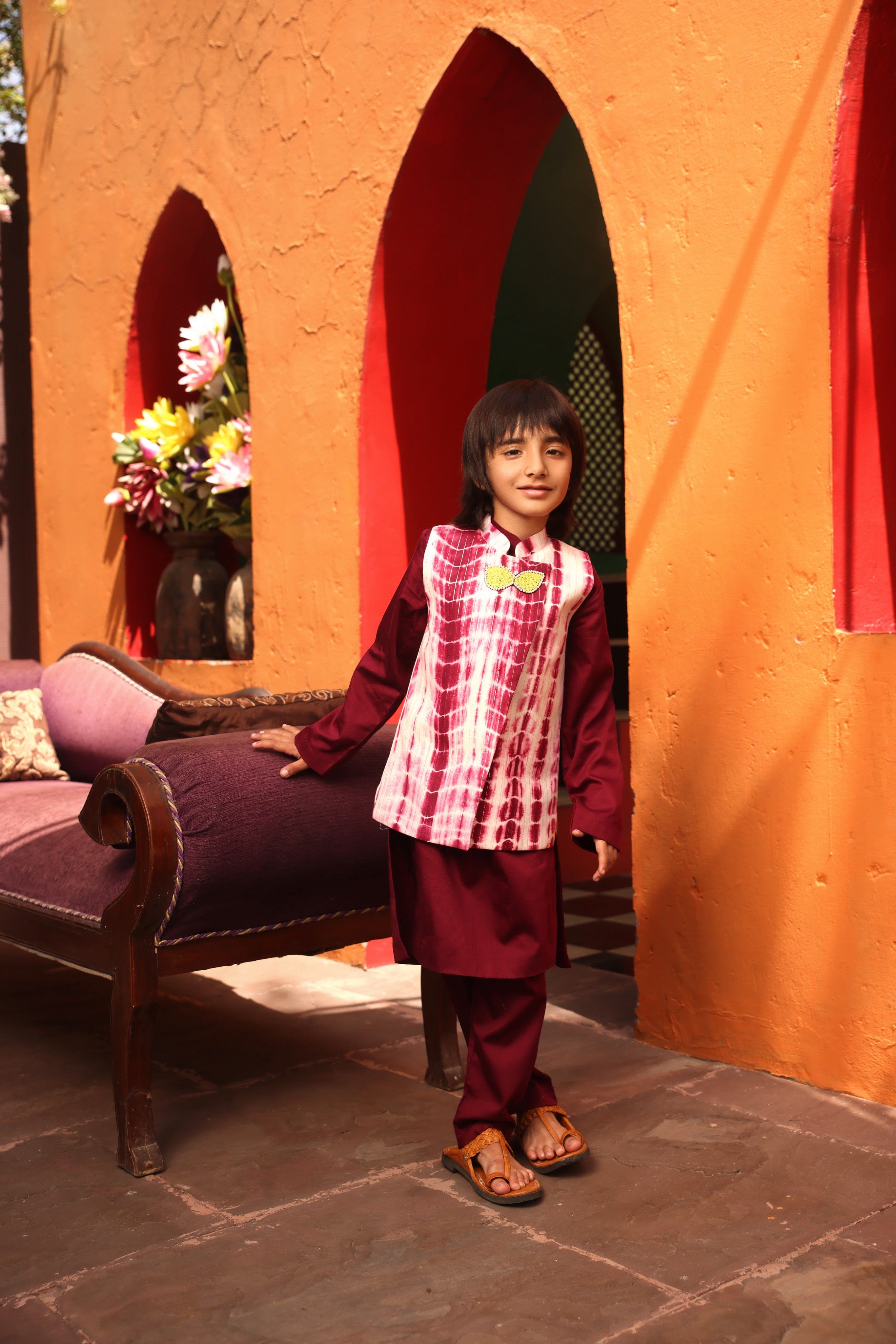Pre Order: Stylish Maroon Tie-Dye Nehru Jacket with Kurta & Pant Set | Indian Ethnic Wear for Weddings & Festivals