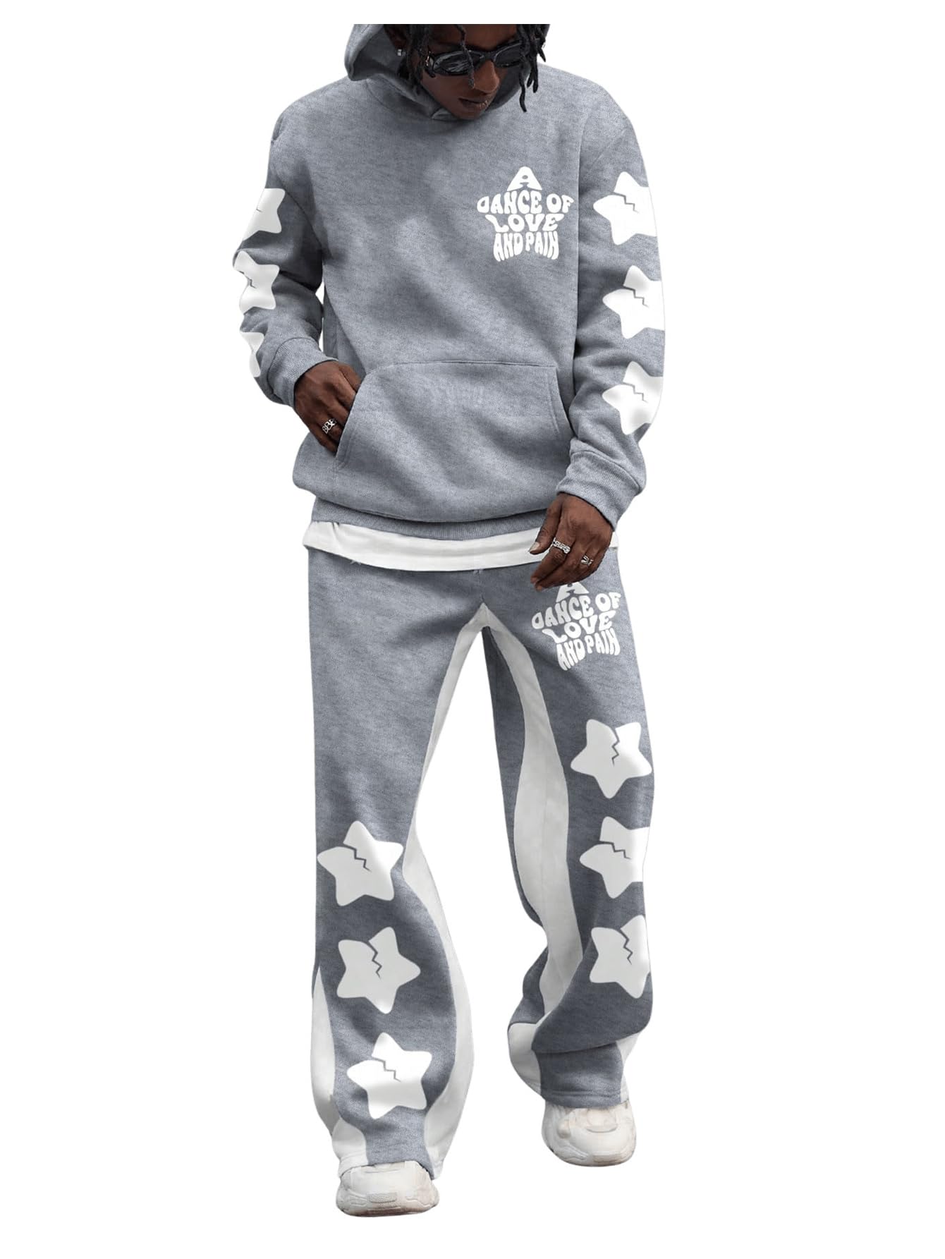 Men's 2-Piece Sweatsuit Set - Long Sleeve Star Print Hoodie & Y2K Stacked Sweatpants | Casual Loungewear for Gym, Streetwear & Winter Comfort