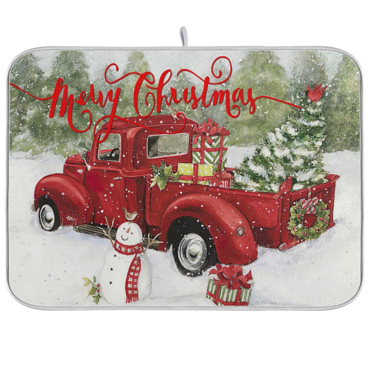 Christmas Snowman Truck Dish Drying Mat - Absorbent Heat-Resistant Kitchen Mat (16x18 In) for Holiday Decor