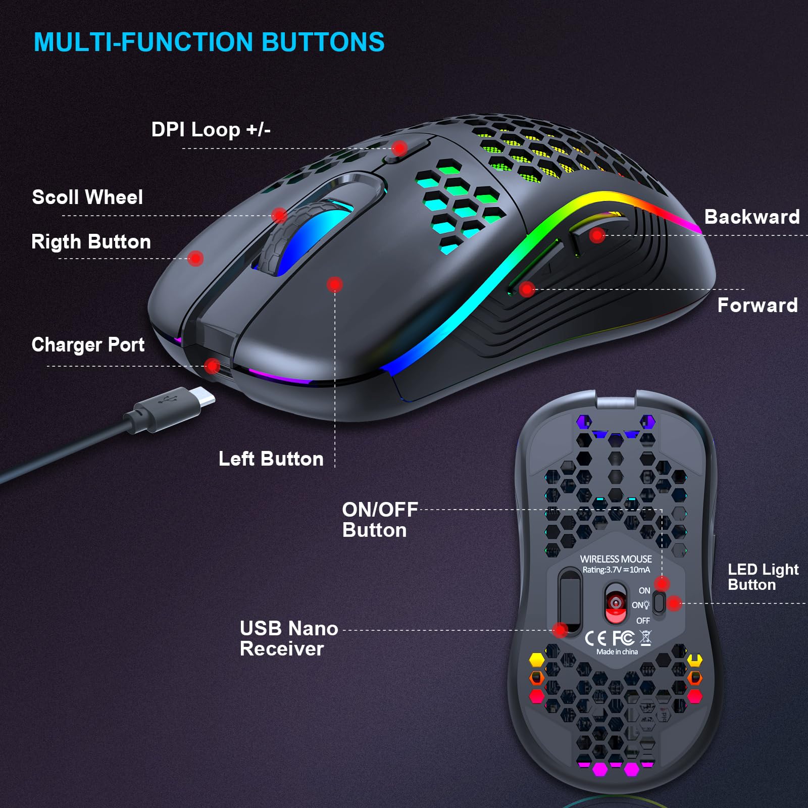 Wireless Gaming Mouse - Rechargeable Ergonomic Honeycomb Design with RGB Backlight, 7 Programmable Buttons, Adjustable DPI (1600-10000), USB Receiver for PC, Mac, Laptop - Perfect for FPS, MOBA Games & Office Work